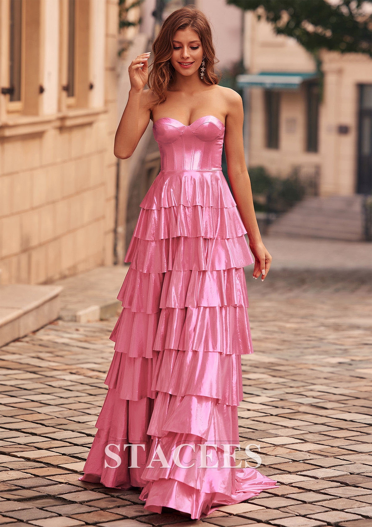 Candy Pink Vestido línea a cuello de corazón metálico barrer tren vestido de graduación - STACEES