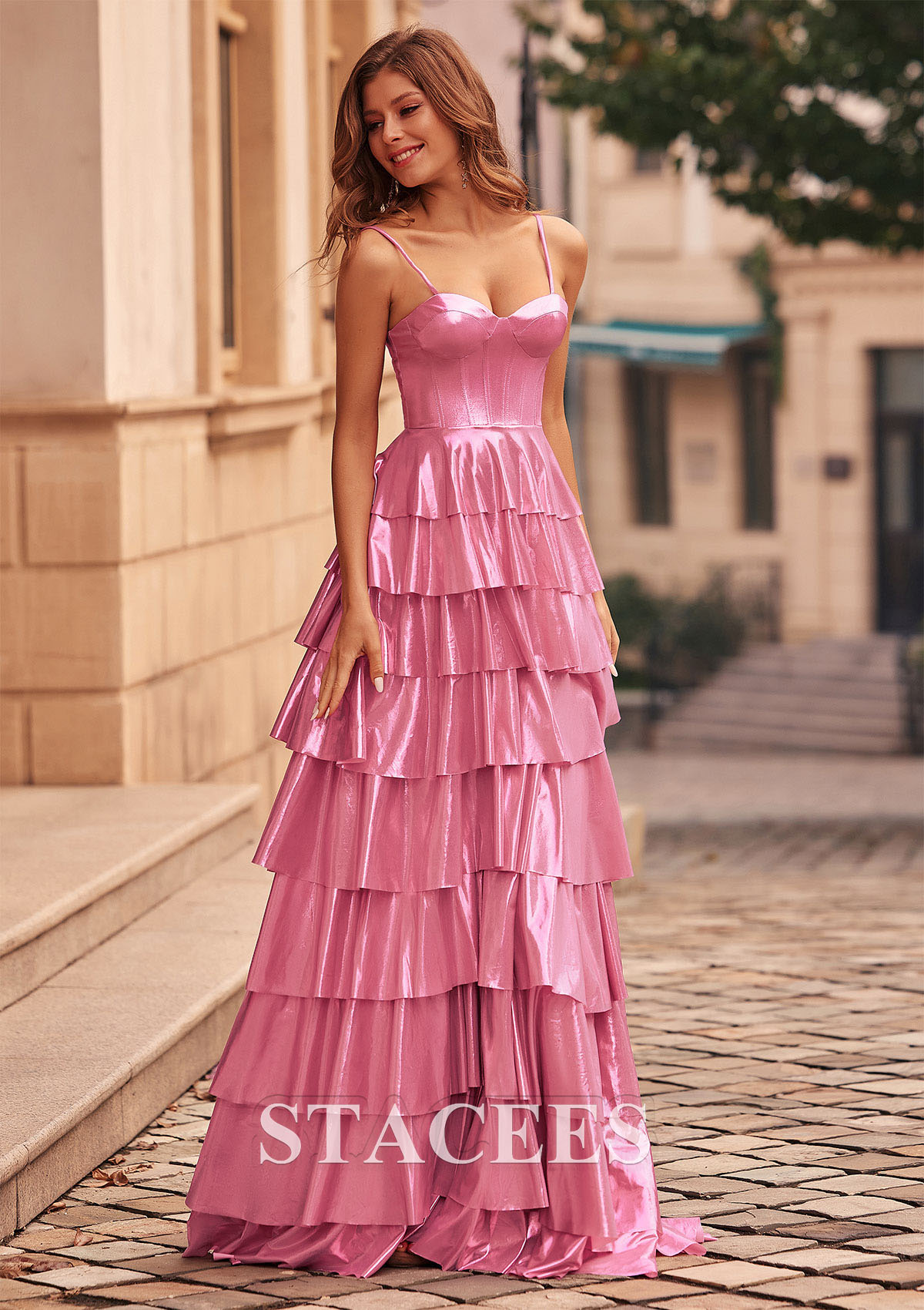 Candy Pink Vestido línea a cuello de corazón metálico barrer tren vestido de graduación - STACEES