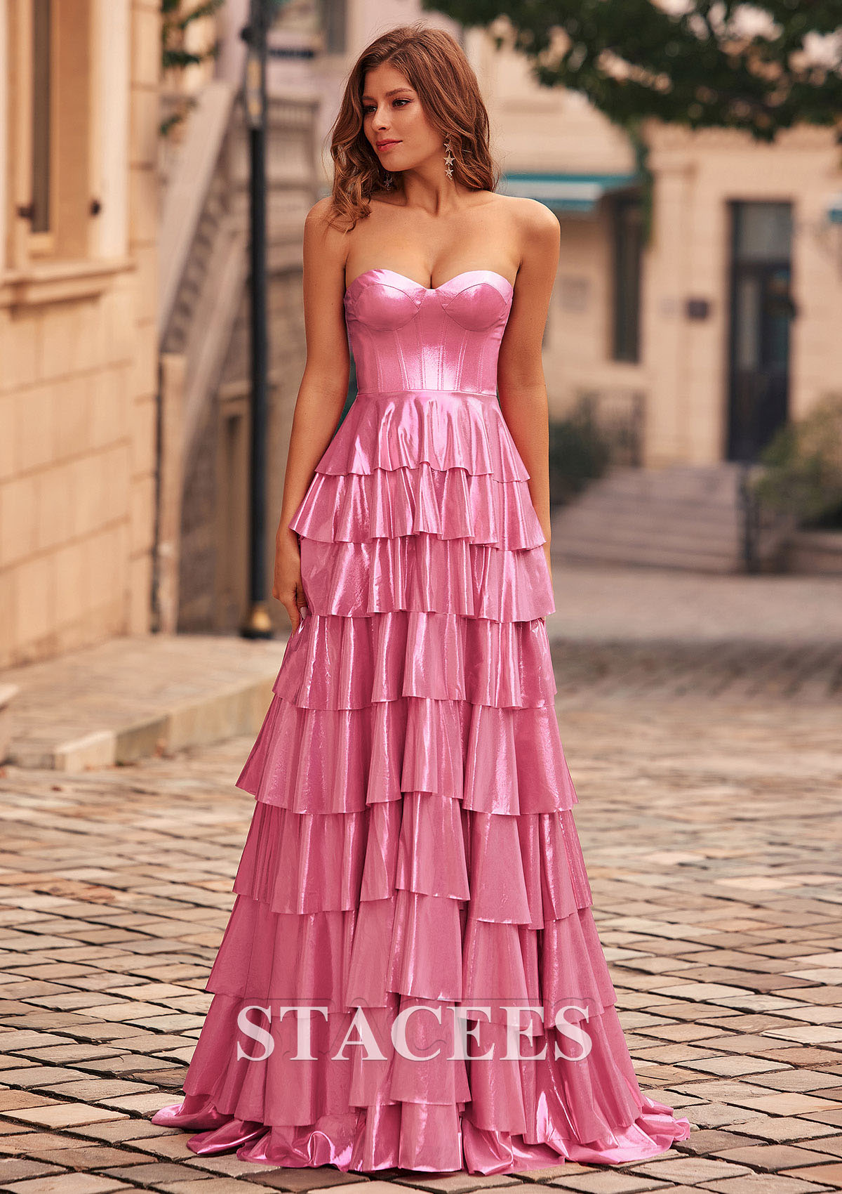 Candy Pink Vestido línea a cuello de corazón metálico barrer tren vestido de graduación - STACEES