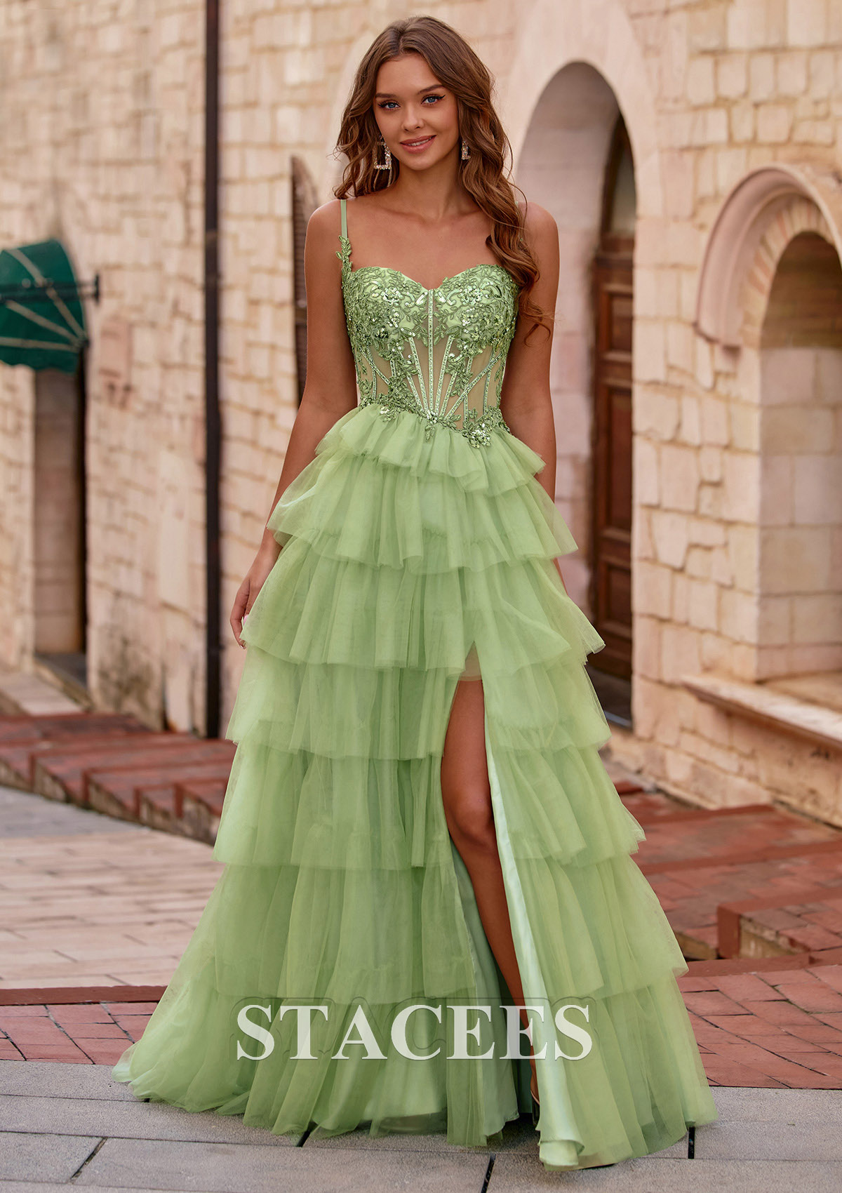 Salvia Vestido línea a cuello de corazón tul cola de barrido vestido de graduación - STACEES