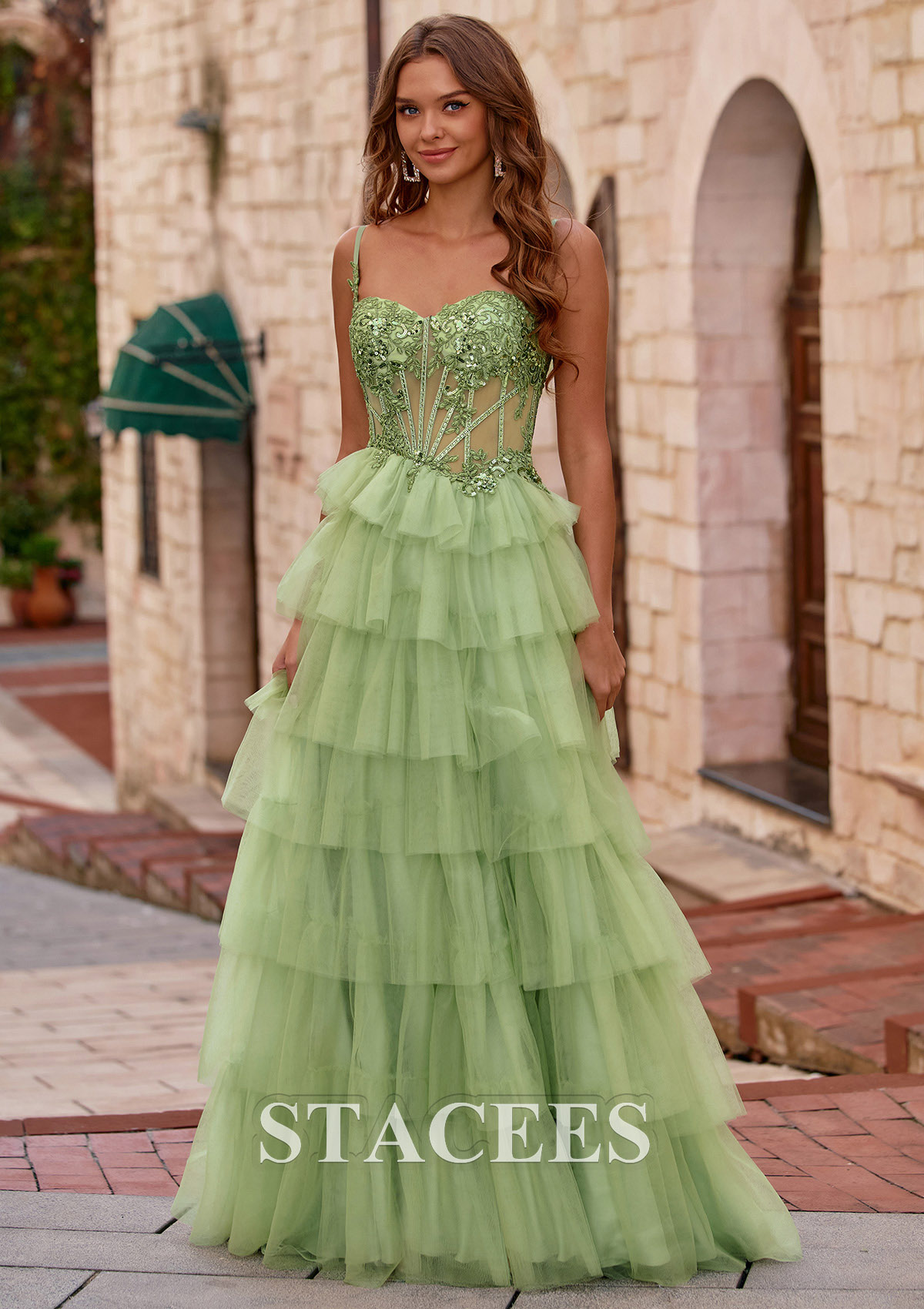 Salvia Vestido línea a cuello de corazón tul cola de barrido vestido de graduación - STACEES