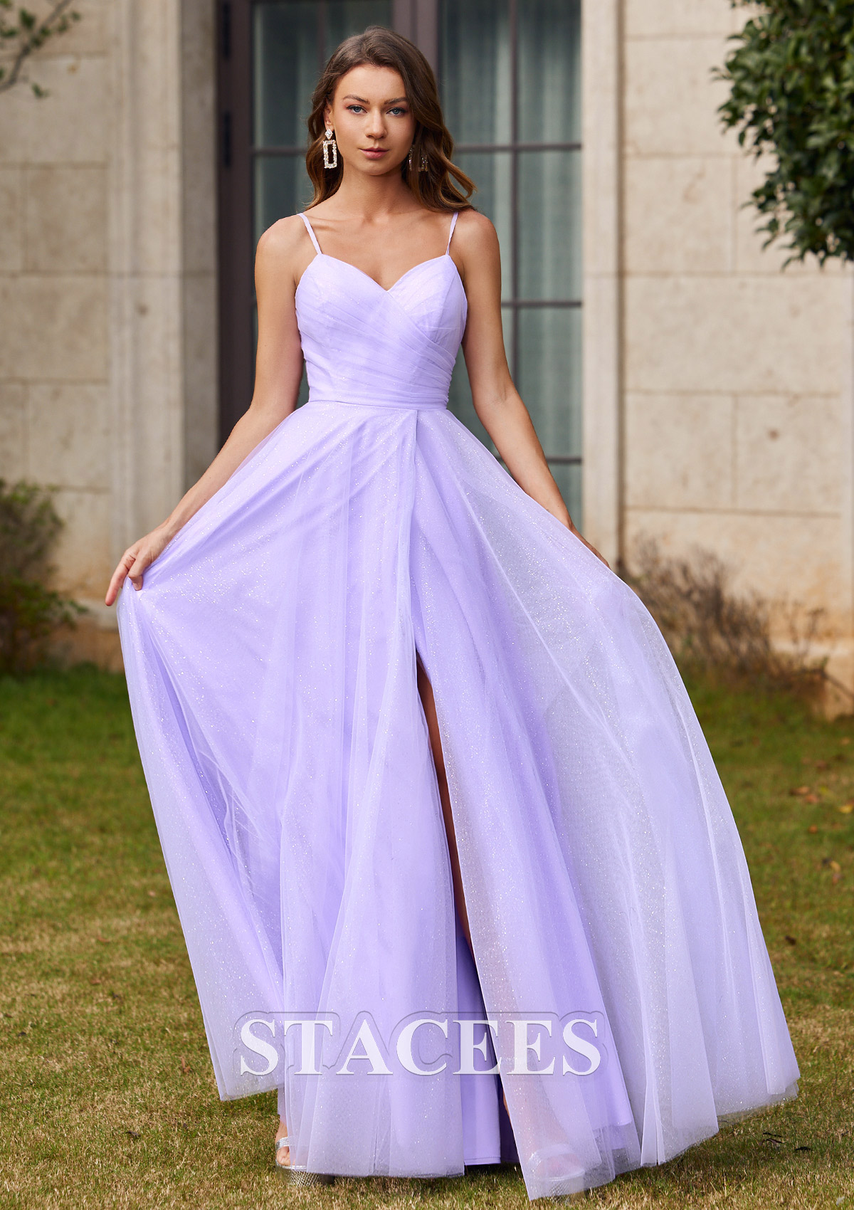 Lila Vestido línea a escote en v tul hasta el suelo vestido de graduación - STACEES
