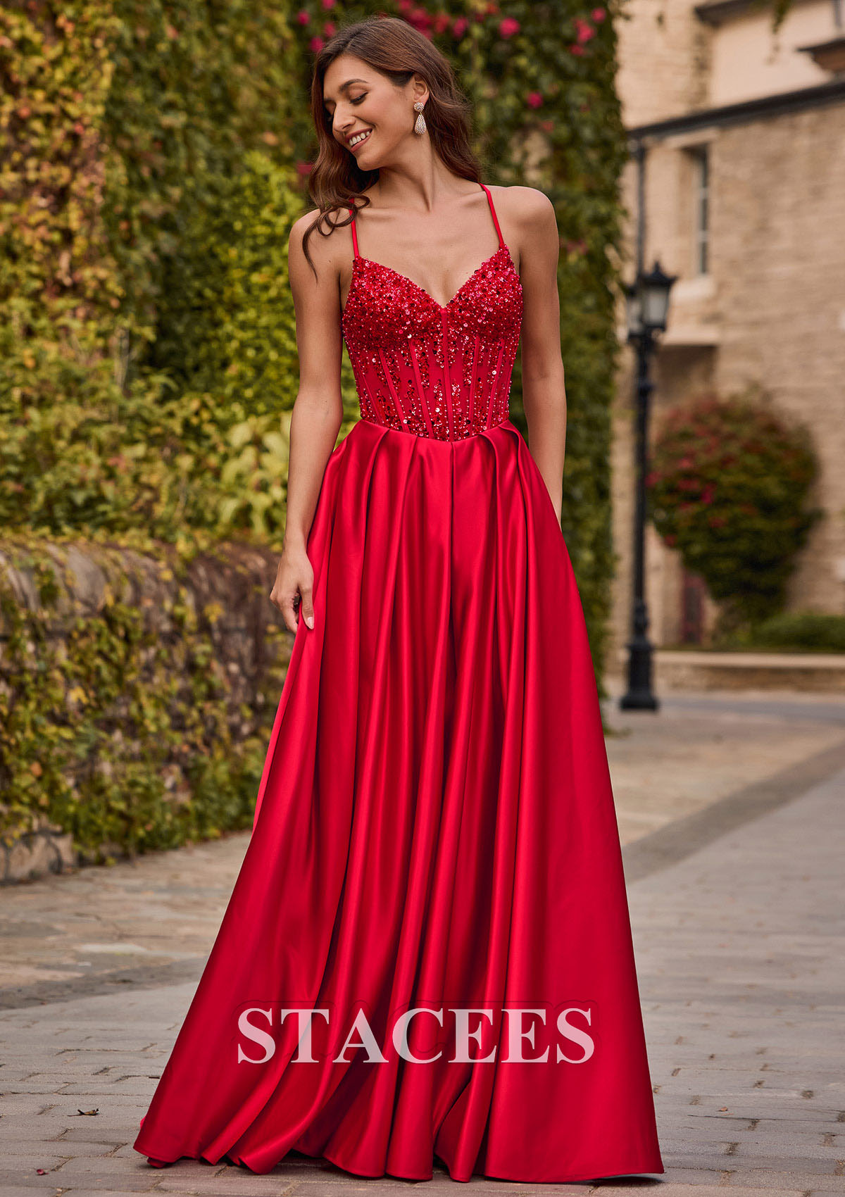 Red A-line V Neck Satin Sweep Train Prom Dress with Beading Sequins - STACEES