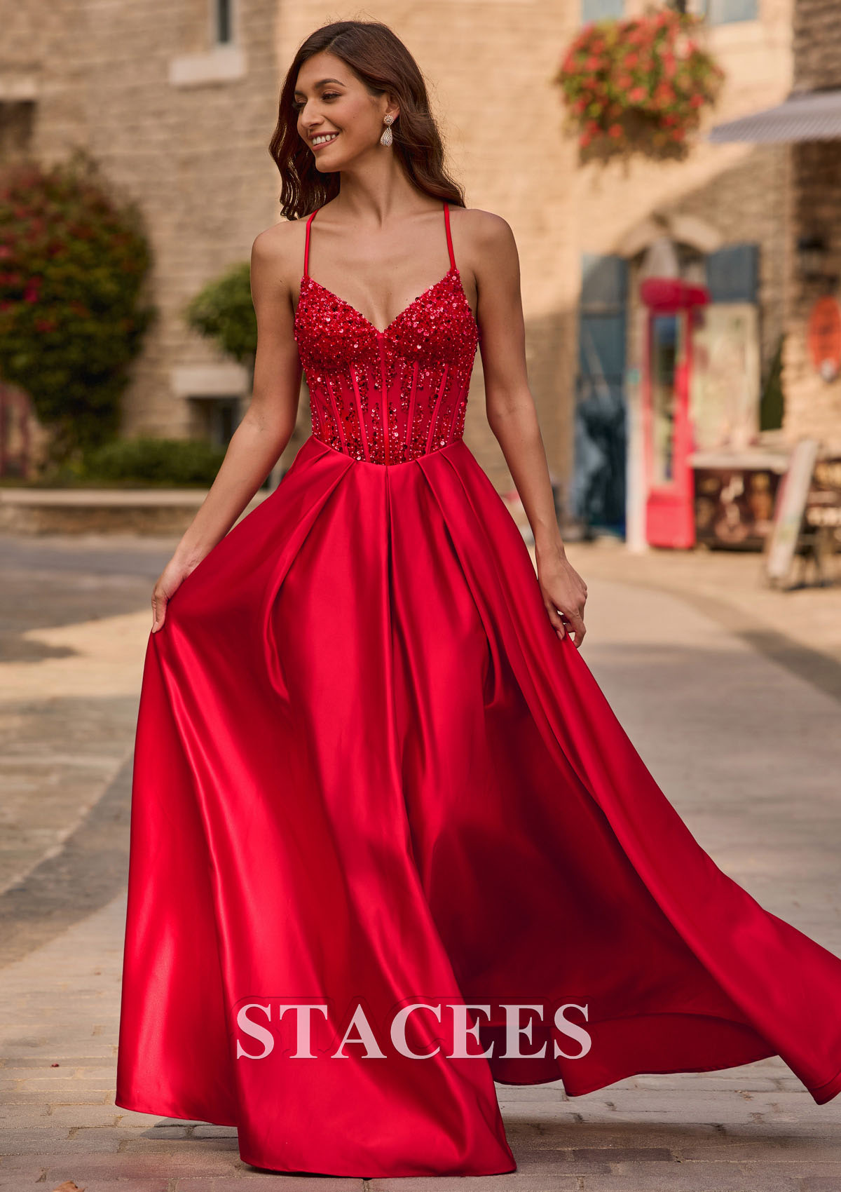 Red A-line V Neck Satin Sweep Train Prom Dress with Beading Sequins - STACEES