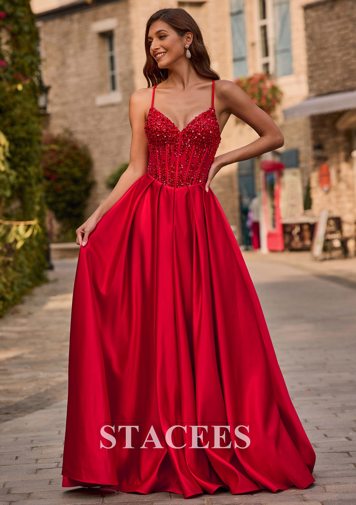 Red A-line V Neck Satin Sweep Train Prom Dress with Beading Sequins - STACEES