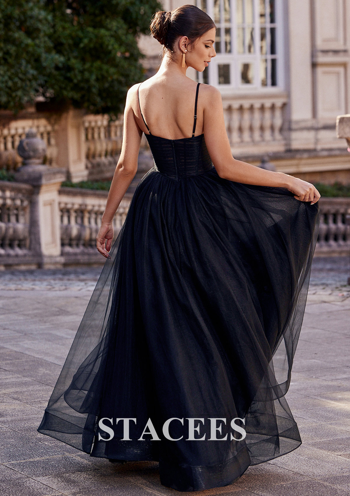 Black Vestido línea a escote en v tul hasta el suelo vestido de graduación - STACEES