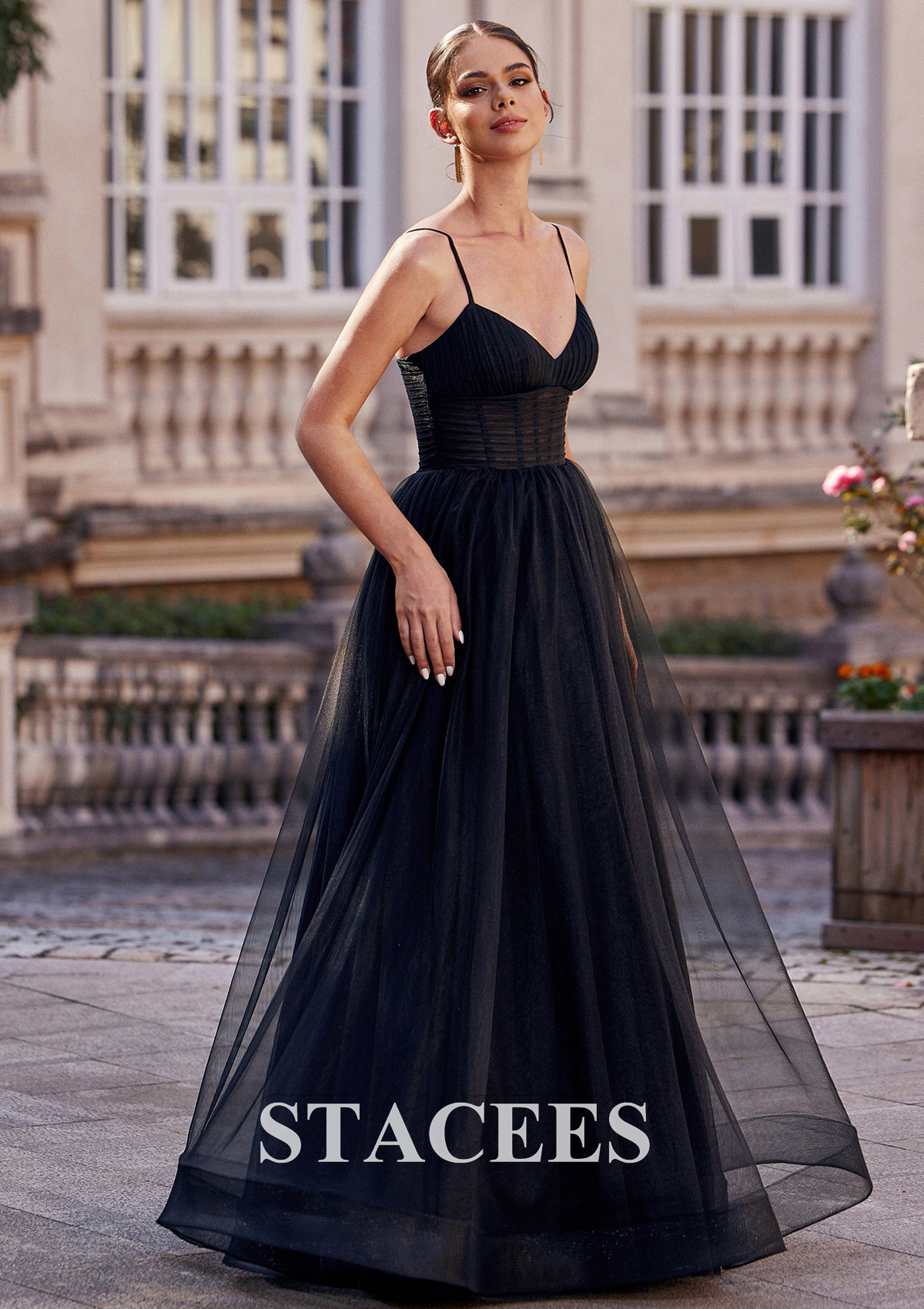 Black Vestido línea a escote en v tul hasta el suelo vestido de graduación - STACEES
