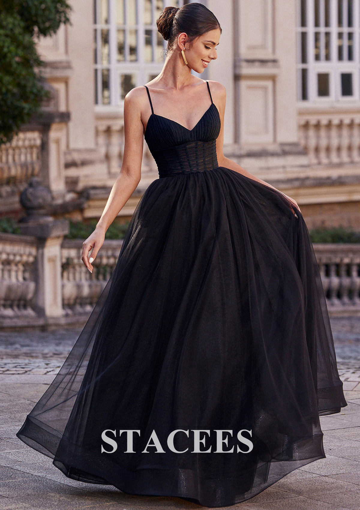 Black Vestido línea a escote en v tul hasta el suelo vestido de graduación - STACEES