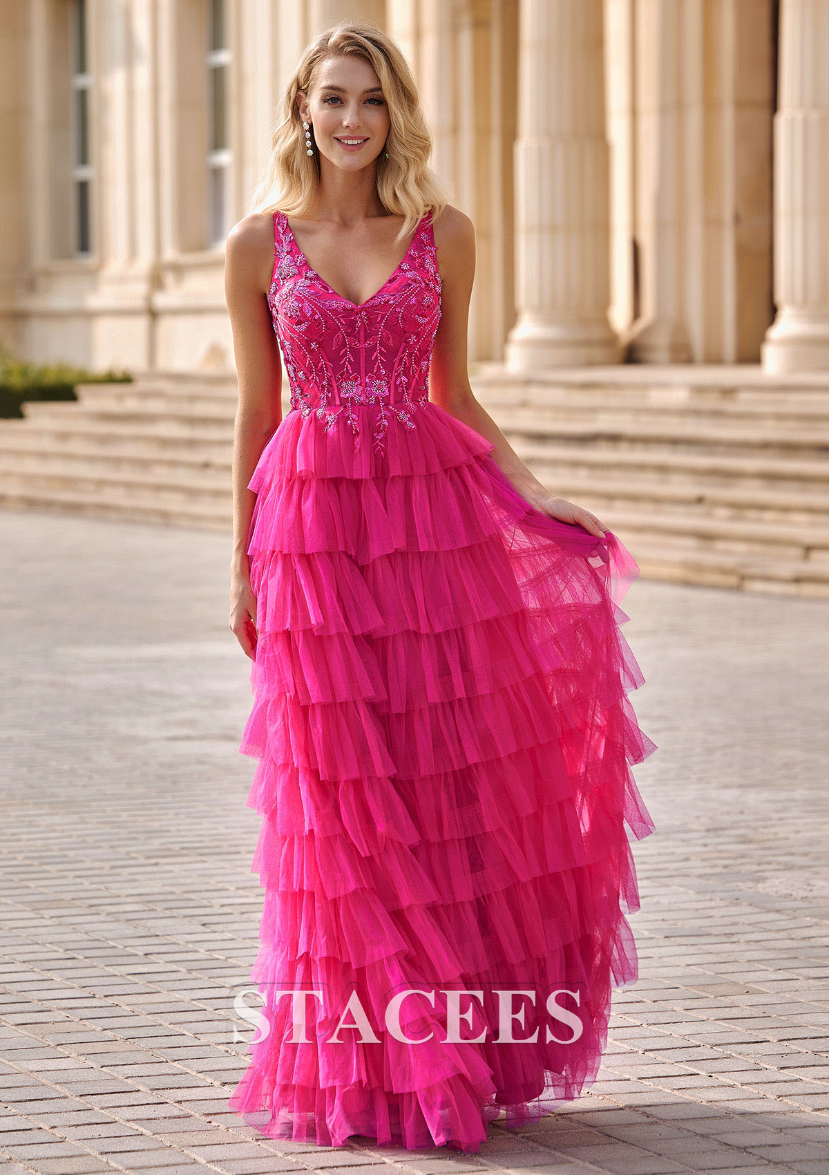 Magenta Dramatic Tiered A-line Prom Dress with Elaborate Sequin Bodice - STACEES