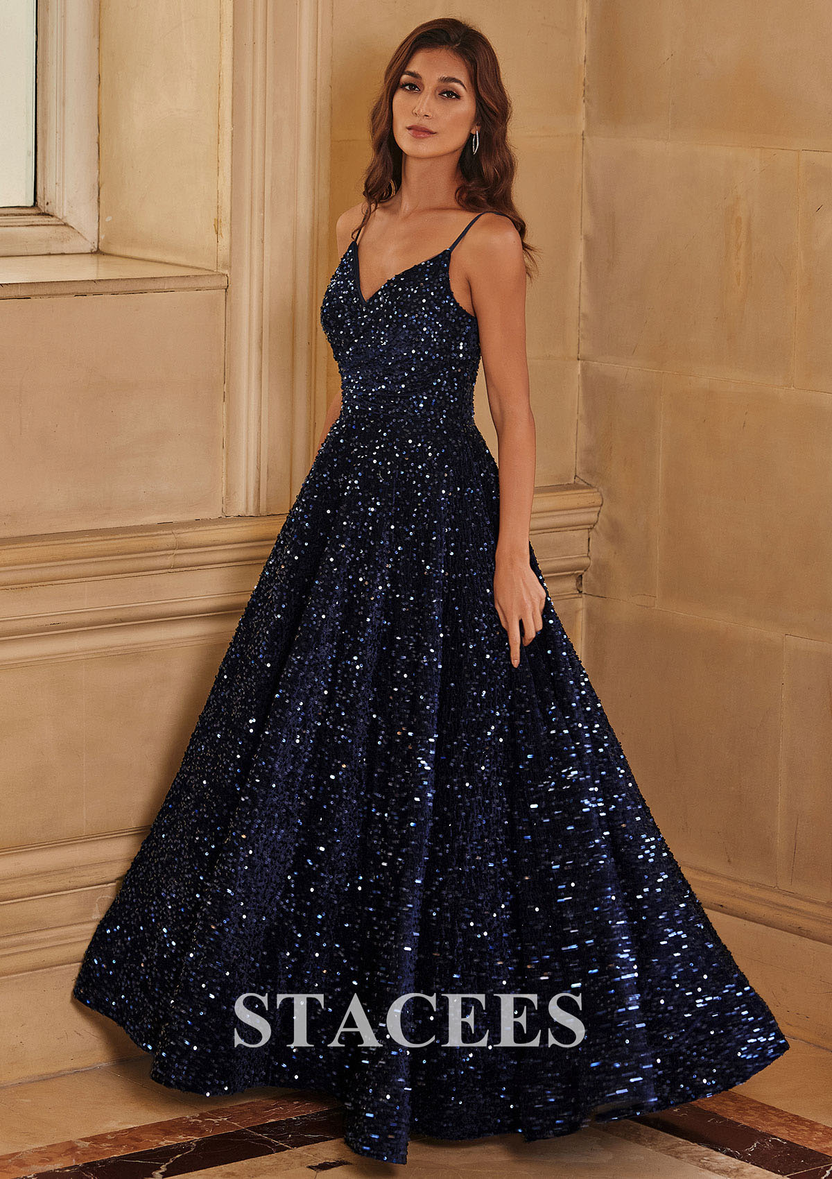 Azul Marino Oscuro Vestido línea a escote en v lentejuelas de terciopelo hasta el suelo vestido de graduación - STACEES