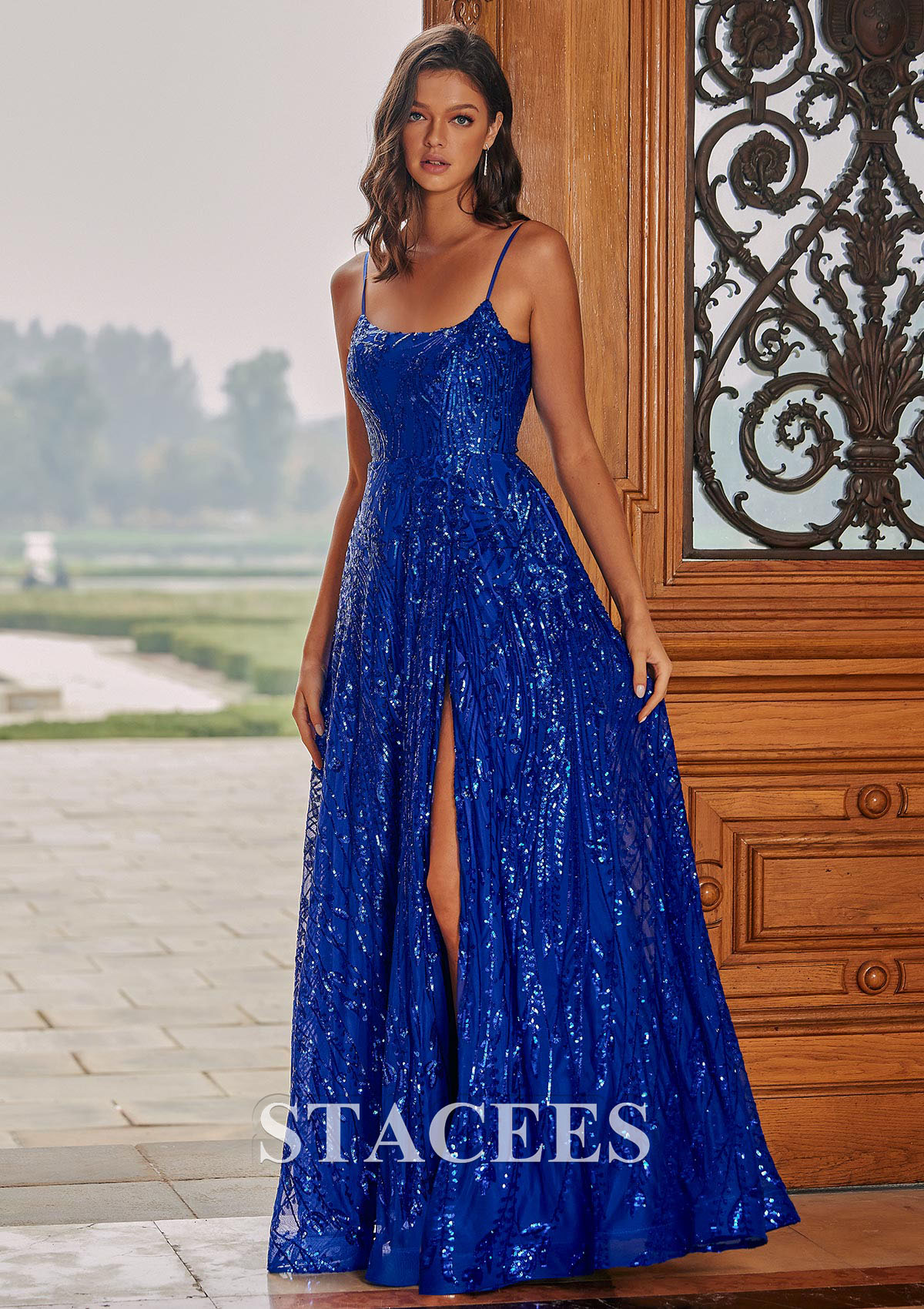 Royal Blue Vestido línea a escote redondo lentejuelas hasta el suelo vestido de graduación - STACEES