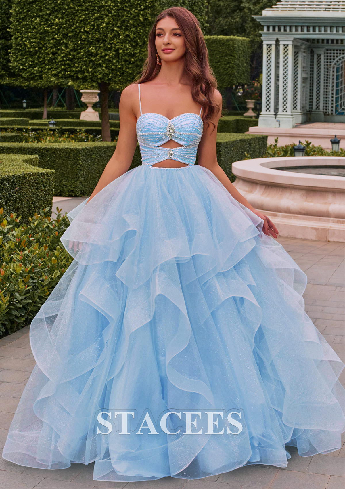 Azul Cielo Vestido de gala cuello de corazón tul hasta el suelo vestido de graduación - STACEES