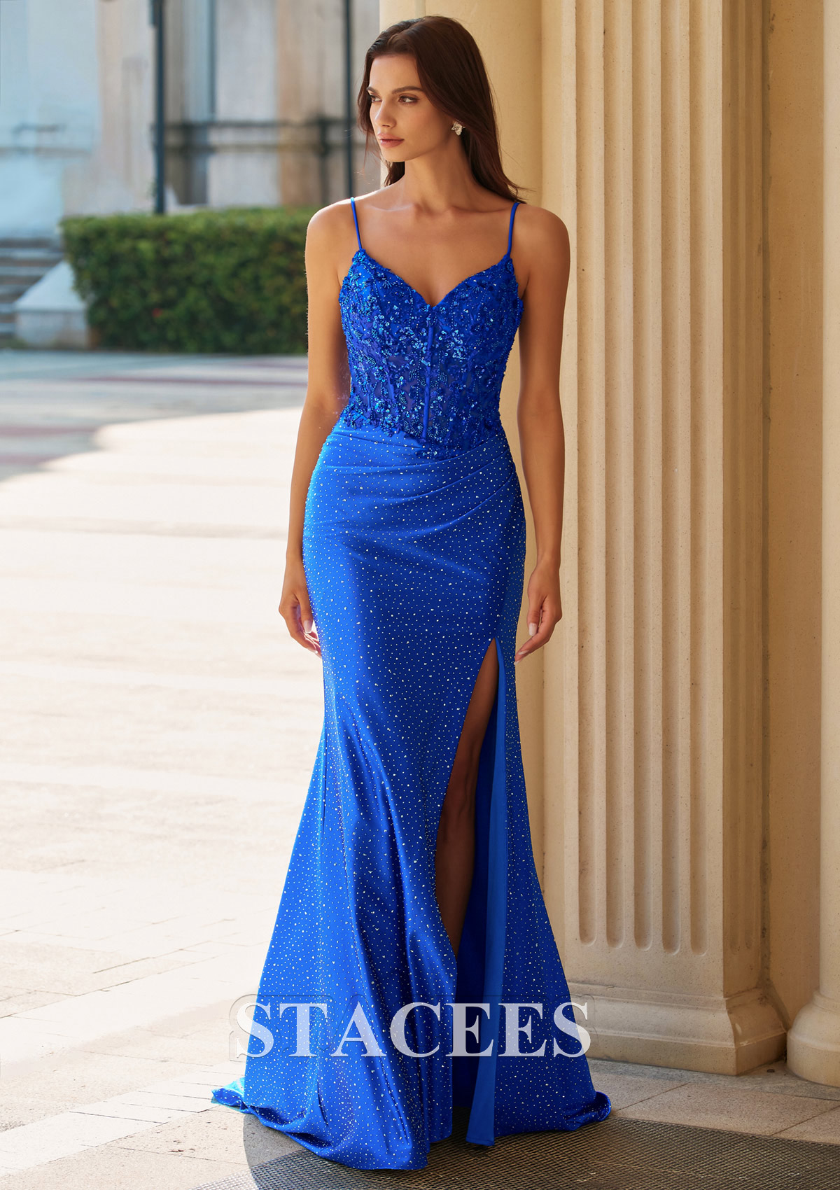 Azul Real Tubo escote en v seda como el satén cola de barrido vestido de graduación - STACEES