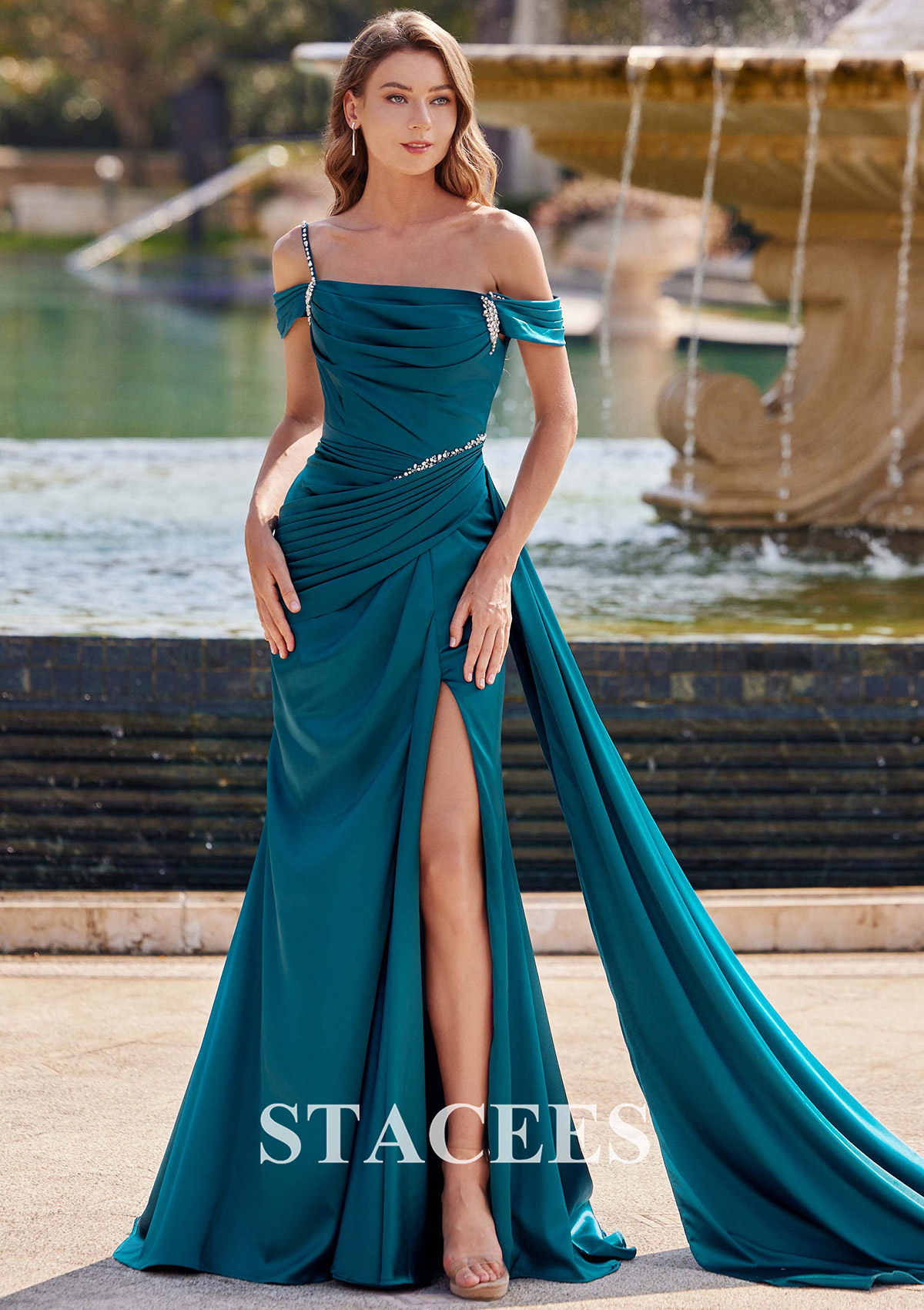 Ink Blue Trumpet/Mermaid Cowl Neck Sweep Train Satin Prom Dress with Beading Pleated Side Draping - STACEES