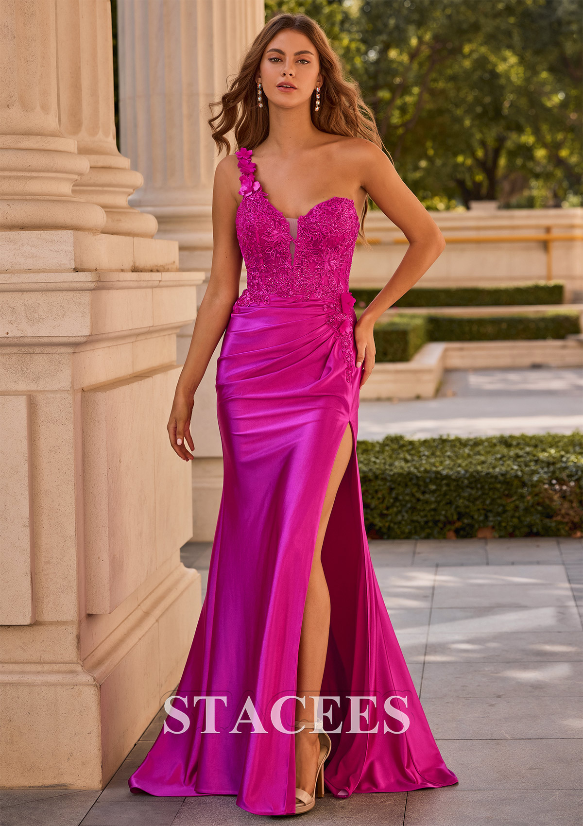 Fuchsia Trumpette/Sirène une épaule soie comme du satin traîne balayage robe de bal - STACEES