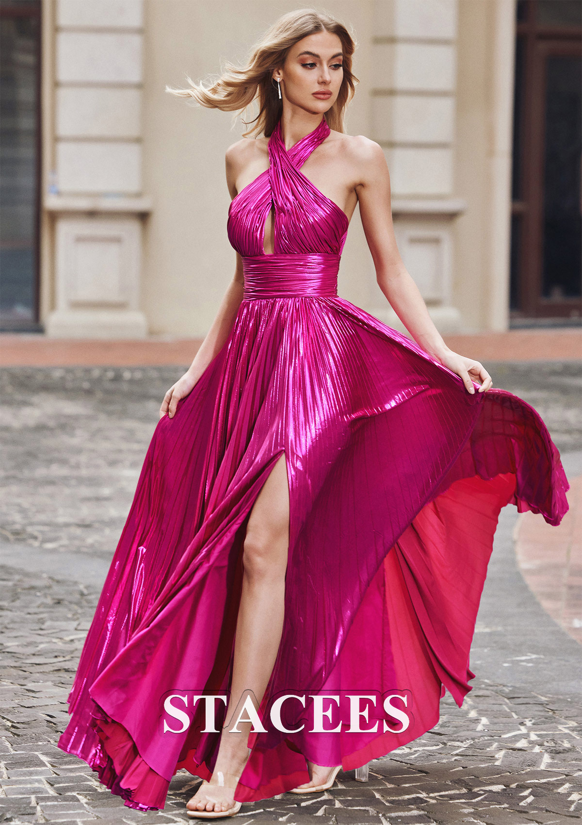 Fucsia Vestido línea a cuello halter metálico hasta el suelo vestido de graduación - STACEES