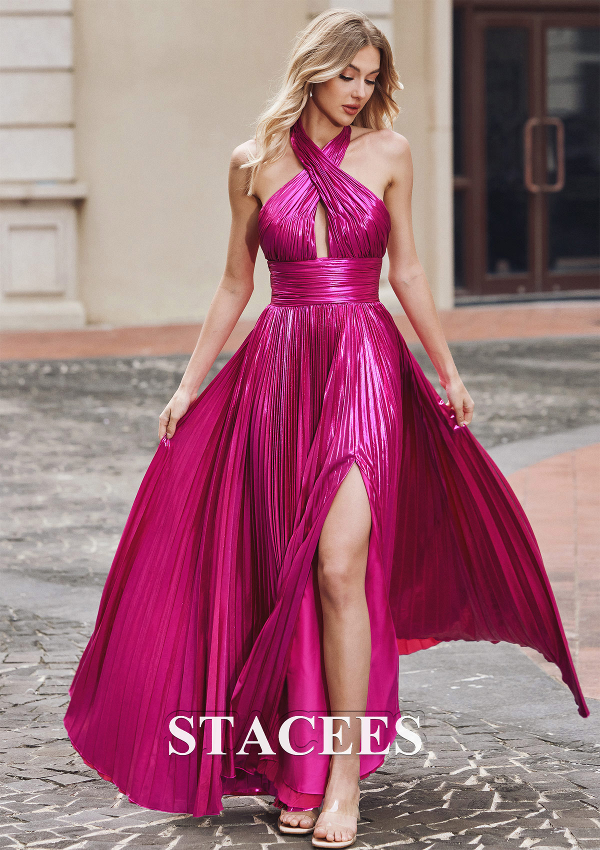 Fucsia Vestido línea a cuello halter metálico hasta el suelo vestido de graduación - STACEES
