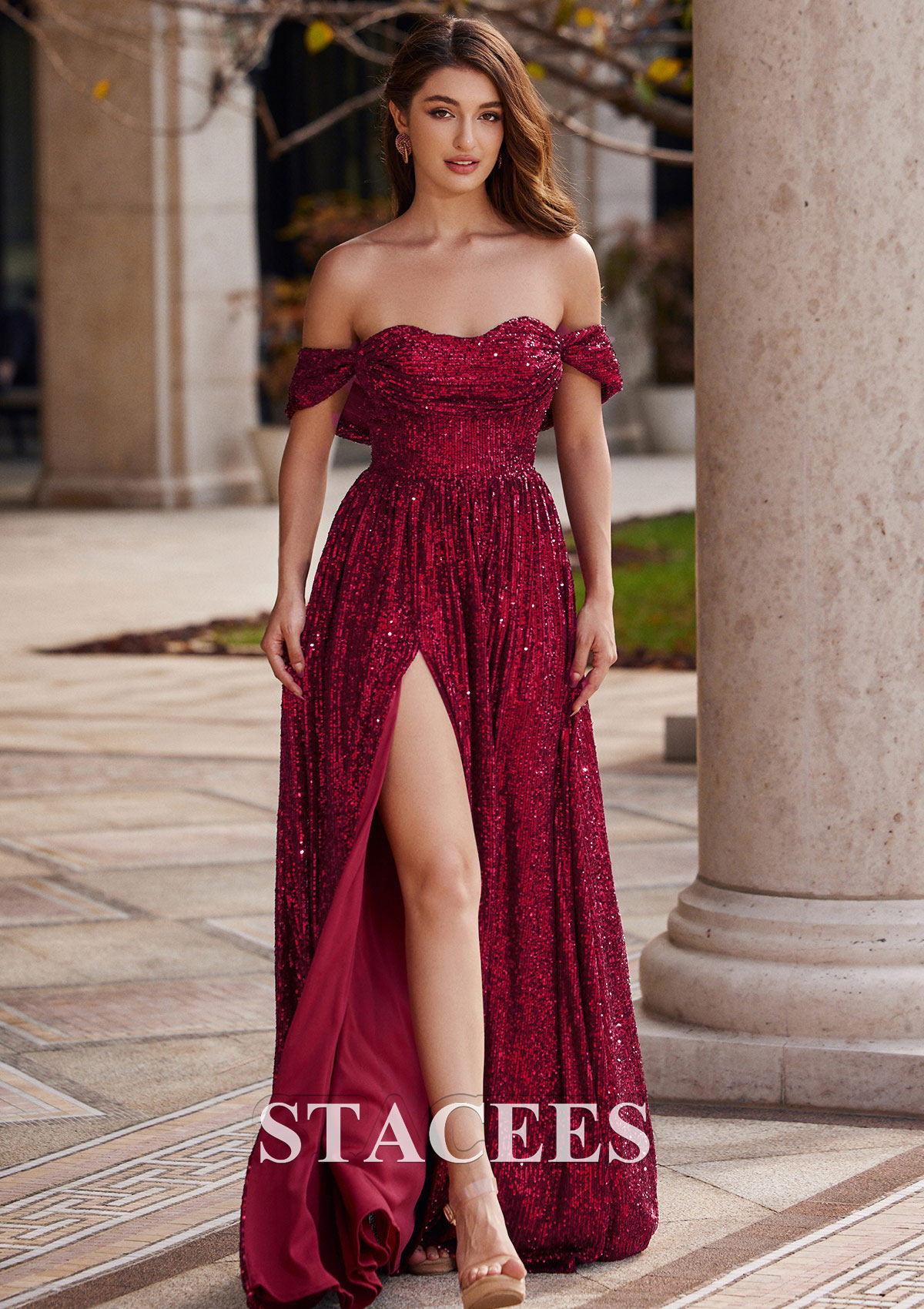 Burgundy A-line Sweetheart Sweep Train Sequined Prom Dress with Pleated Split - STACEES