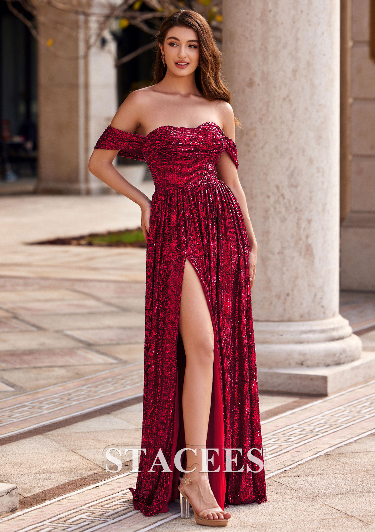 Burgundy A-line Sweetheart Sweep Train Sequined Prom Dress with Pleated Split - STACEES