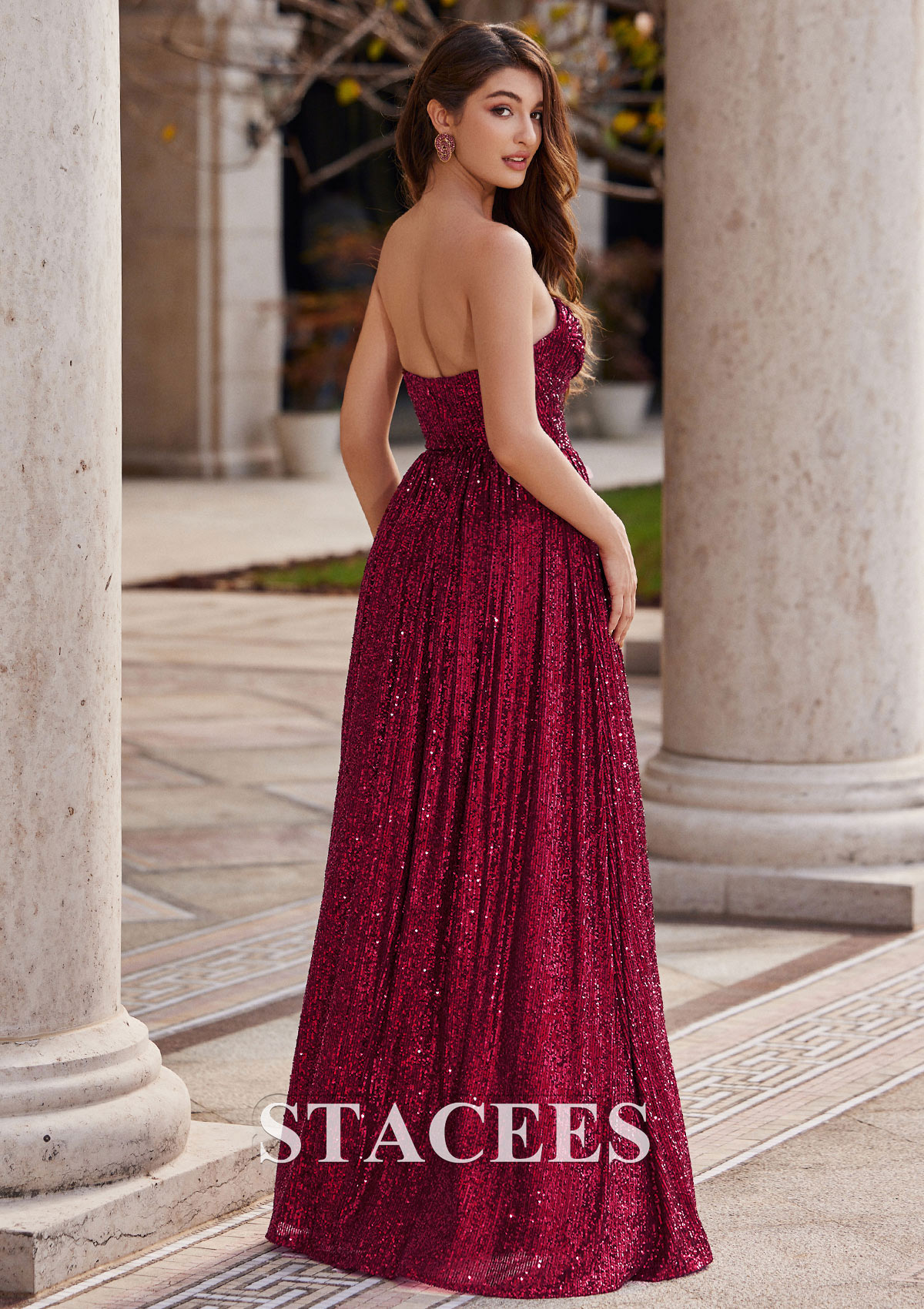 Burgundy A-line Sweetheart Sweep Train Sequined Prom Dress with Pleated Split - STACEES