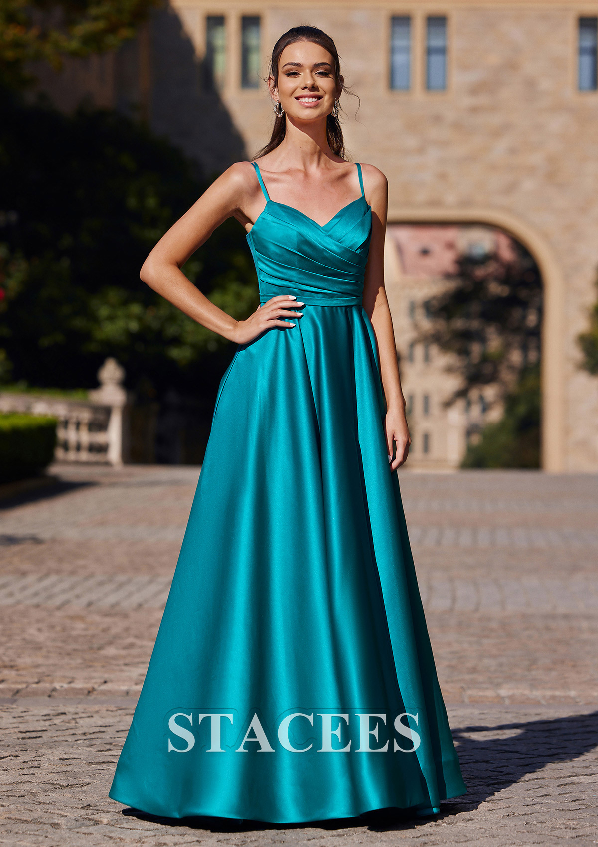 Teal A-line V Neck Sleeveless Sweep Train Satin Prom Dress with Pleated - STACEES