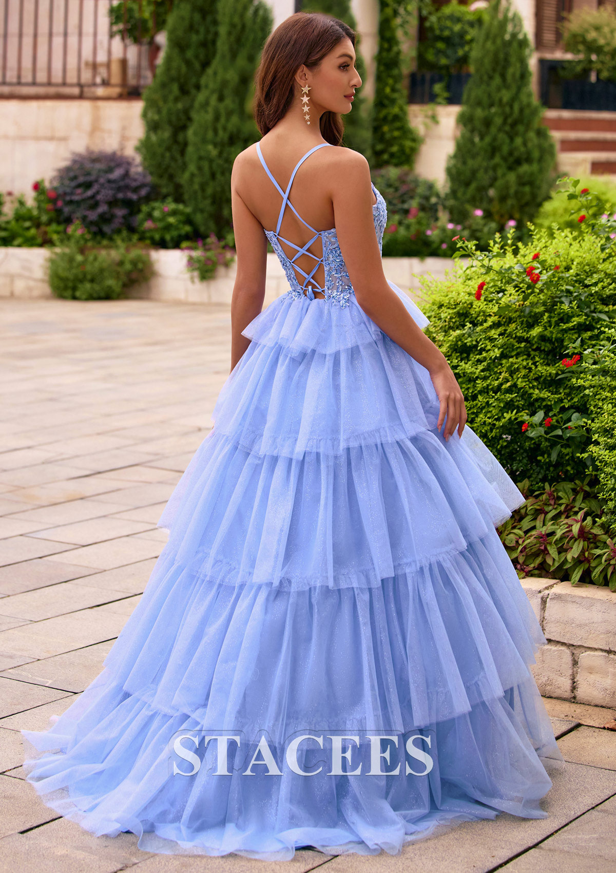As picture Sparkly A-line Tiered Ruffle Glitter Tulle Ball Gown Prom Dress with Lace Sheer Corset - STACEES