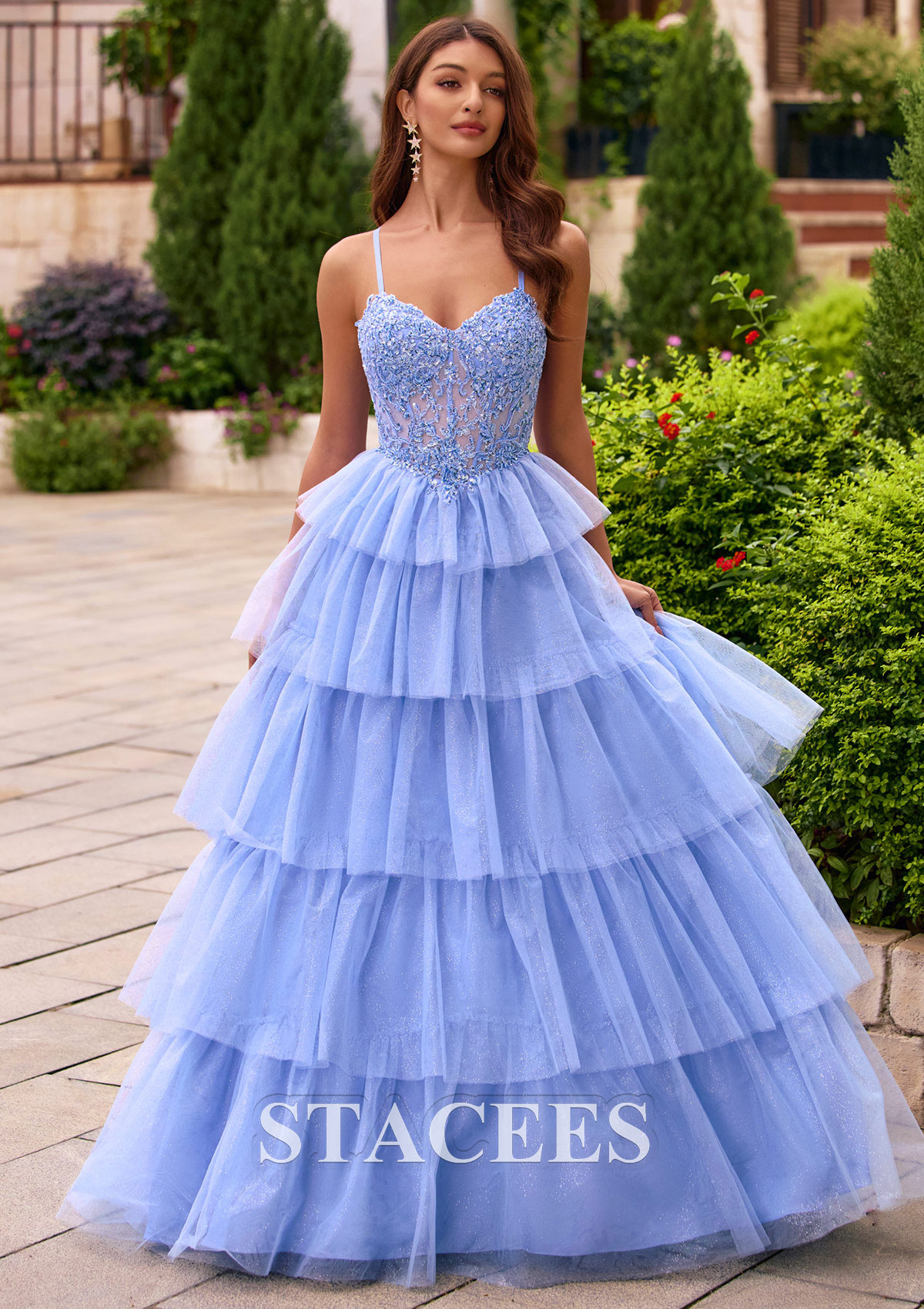 As picture Sparkly A-line Tiered Ruffle Glitter Tulle Ball Gown Prom Dress with Lace Sheer Corset - STACEES