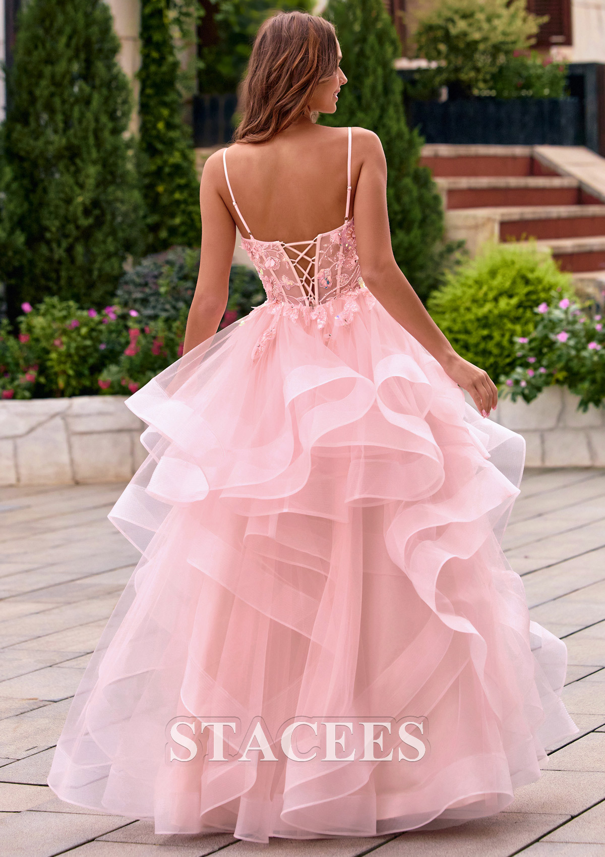 Blushing Pink Ball Gown Ruffled Layers Tulle Prom Dress with 3D Floral Applique Sheer Corset - STACEES