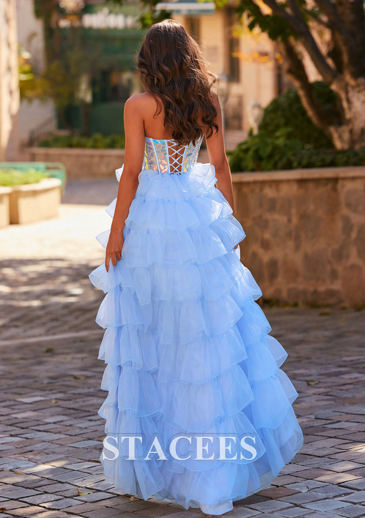 Sky Blue Sparkly A-line Strapless Keyhole Tiered Corset Mirror Sequins Prom Dress - STACEES