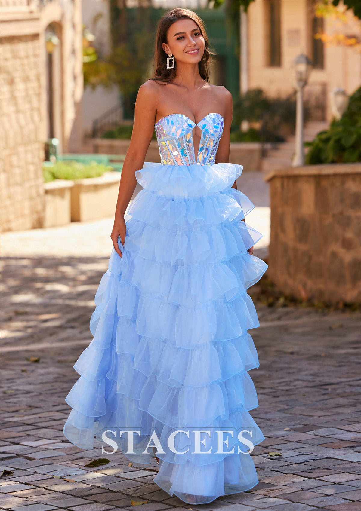 Sky Blue Sparkly A-line Strapless Keyhole Tiered Corset Mirror Sequins Prom Dress - STACEES
