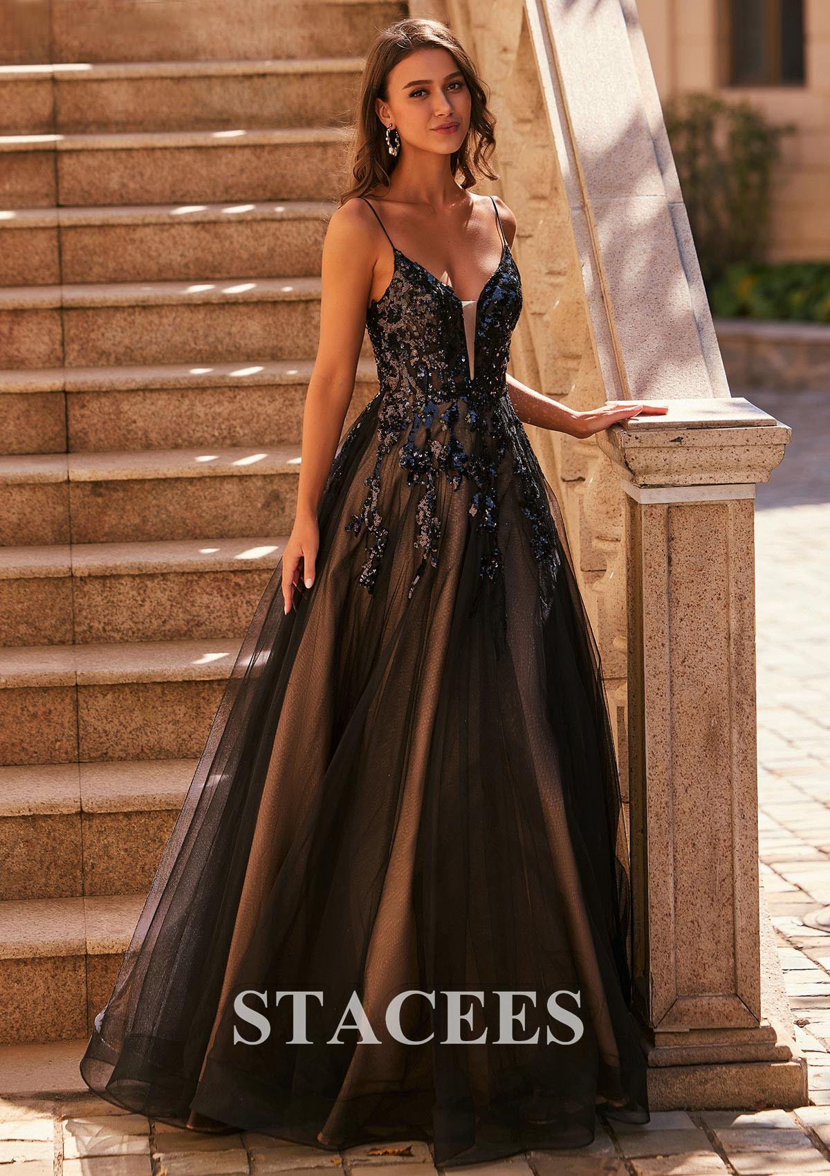 A-line V Neck Tulle Floor-Length Prom Dress with Sequins S8300P - Prom Dresses