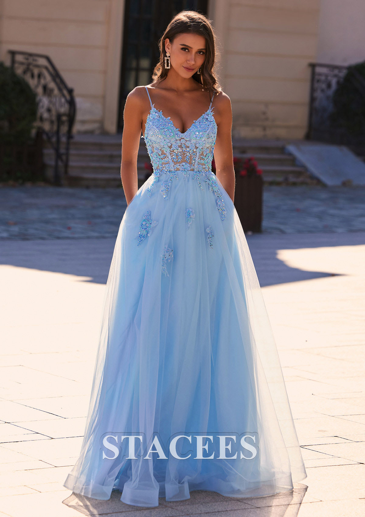 Sky Blue Vestido línea a escote en v tul hasta el suelo vestido de graduación - STACEES