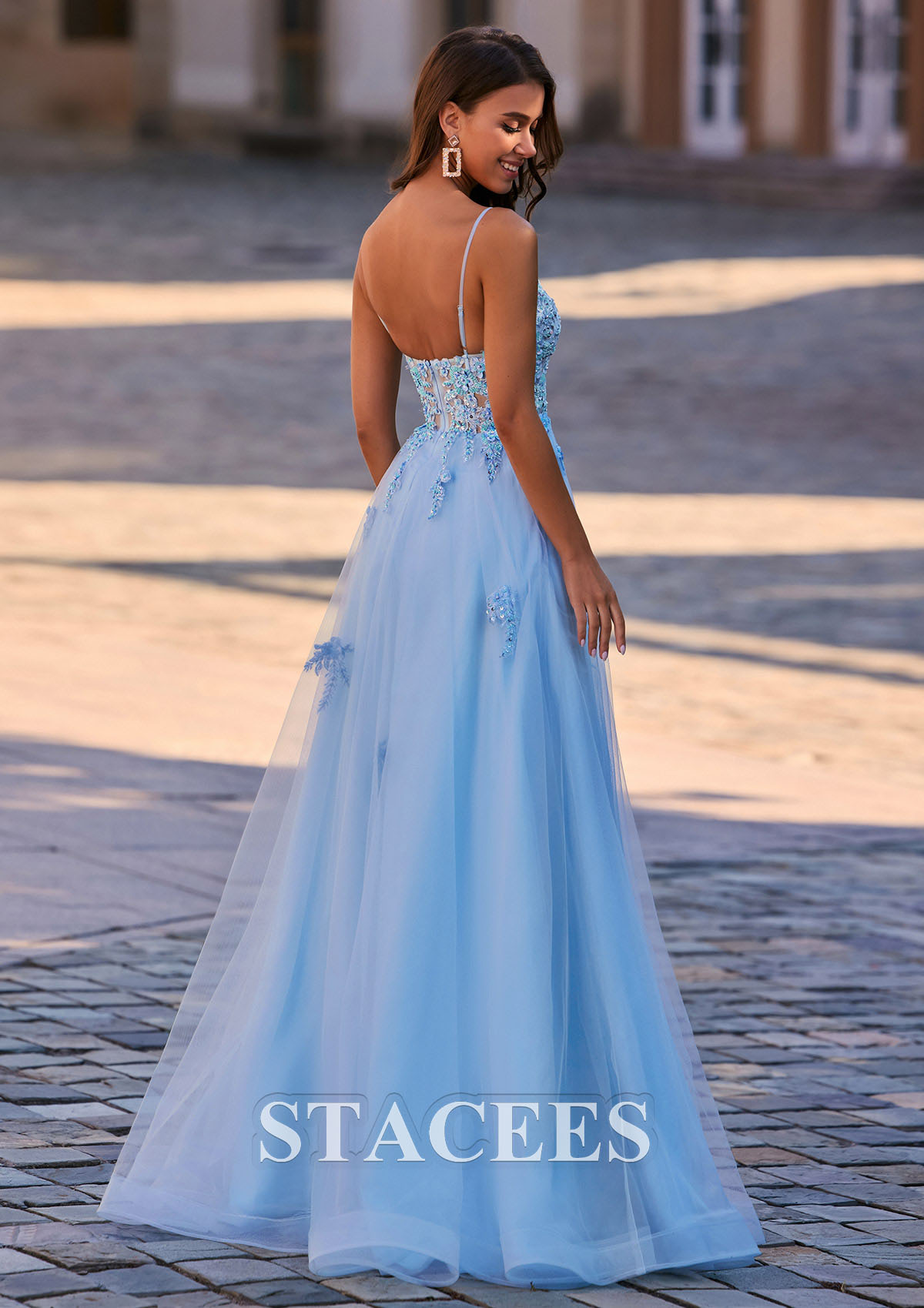 Sky Blue Vestido línea a escote en v tul hasta el suelo vestido de graduación - STACEES