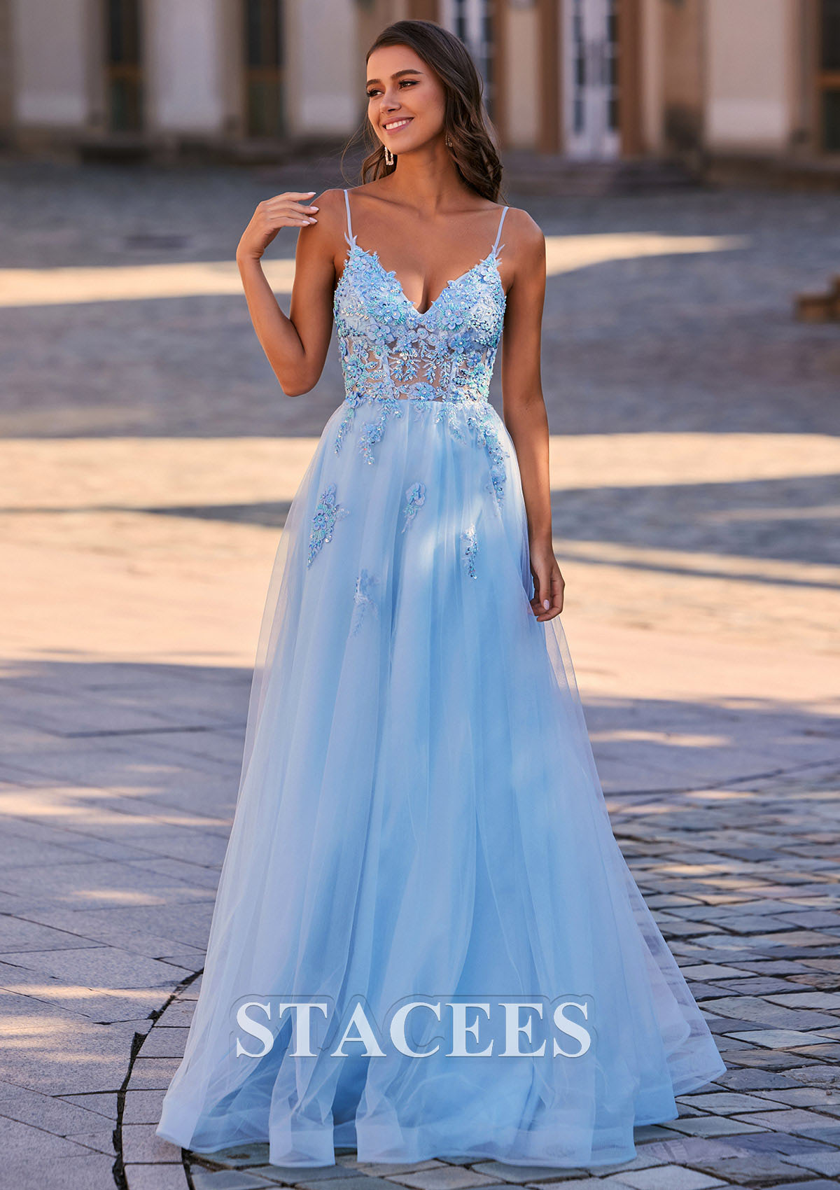 Sky Blue Vestido línea a escote en v tul hasta el suelo vestido de graduación - STACEES