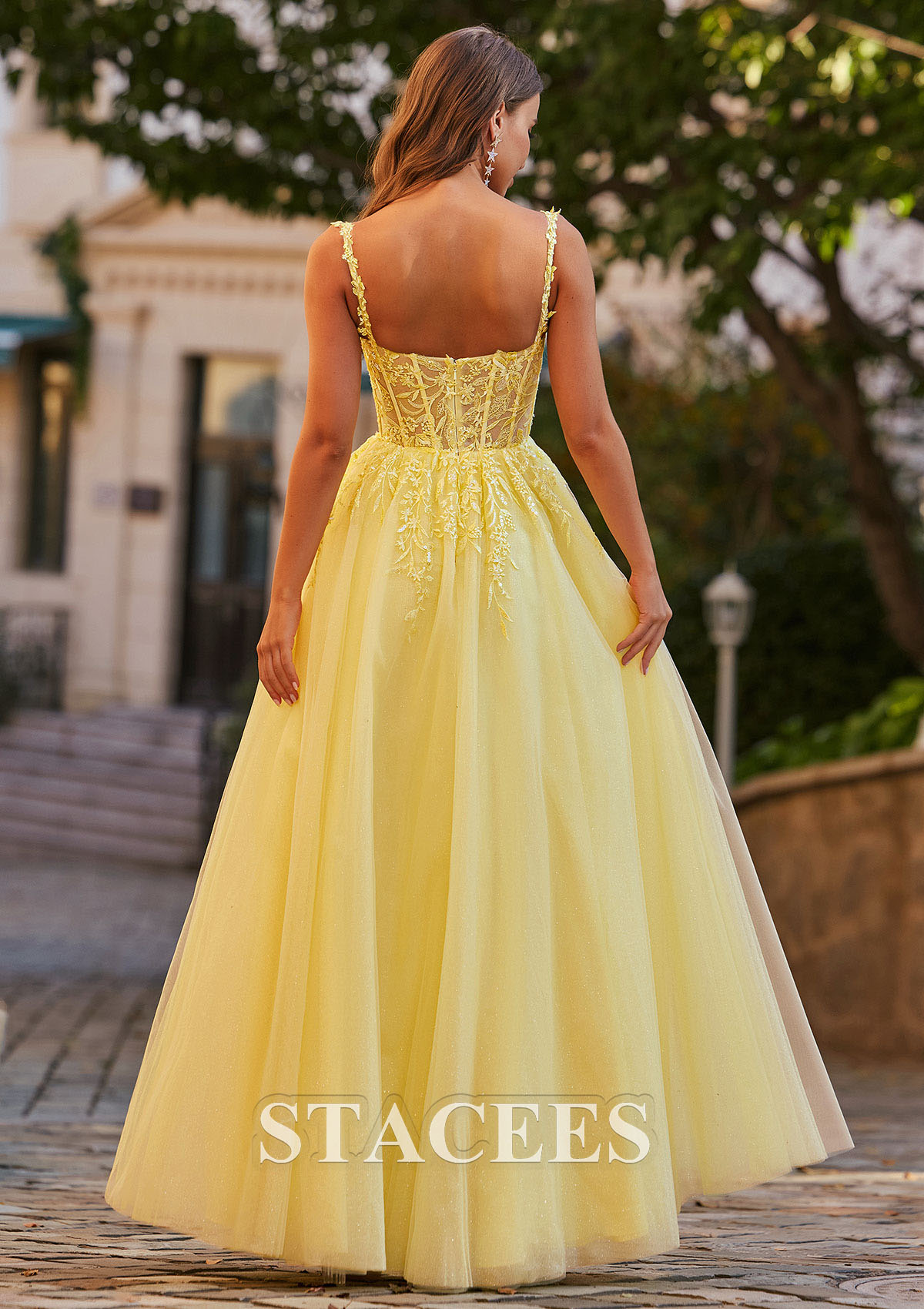 As Picture A-line V Neck Tulle Floor-Length Prom Dress with Appliqued Beading Sequins Split Glitter - STACEES