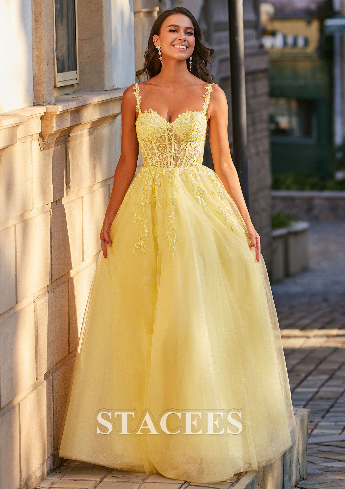 As Picture A-line V Neck Tulle Floor-Length Prom Dress with Appliqued Beading Sequins Split Glitter - STACEES
