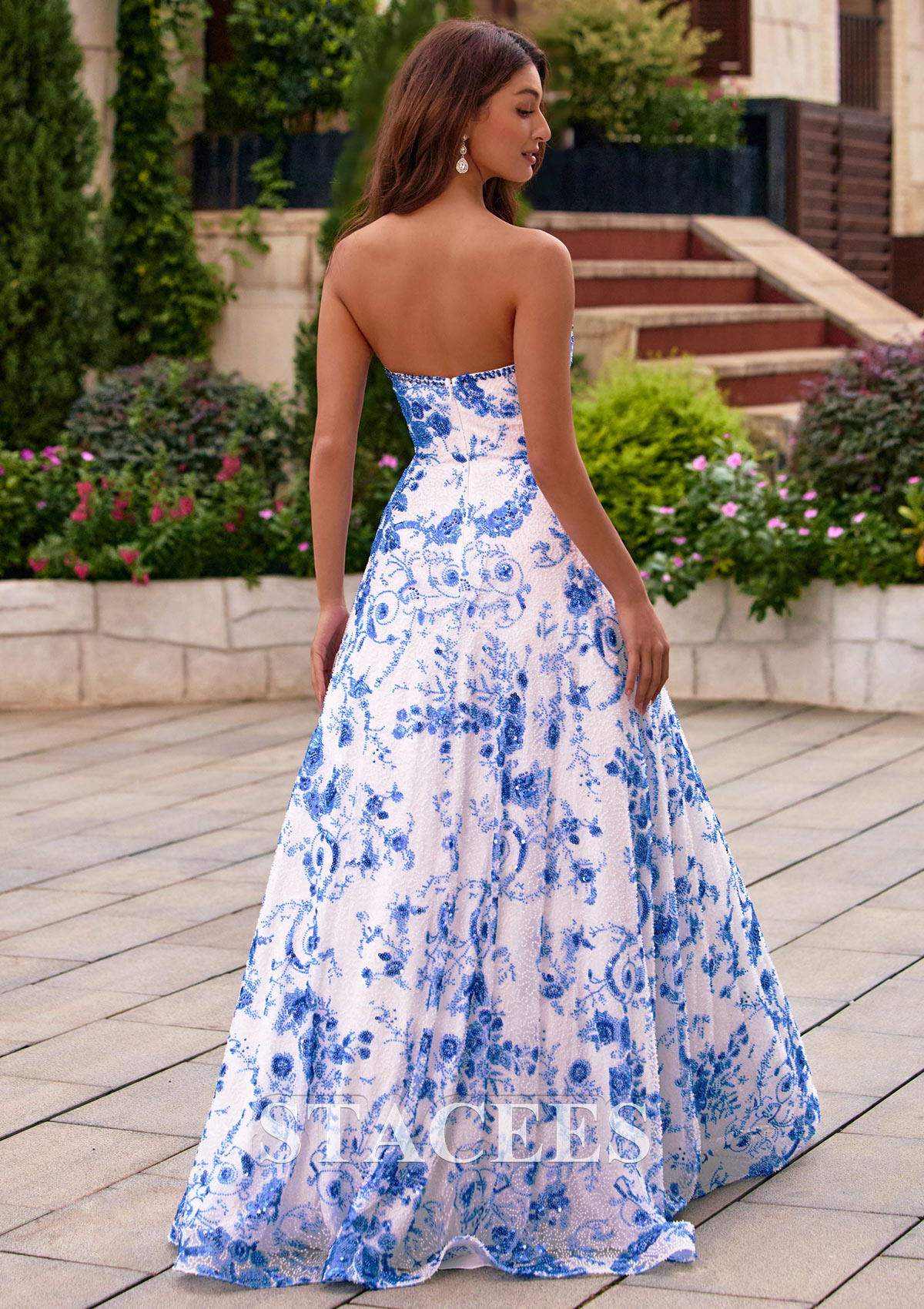 Royal Blue Floral Trapèze bateau tulle traîne balayage robe de bal avec perles paillettes - STACEES