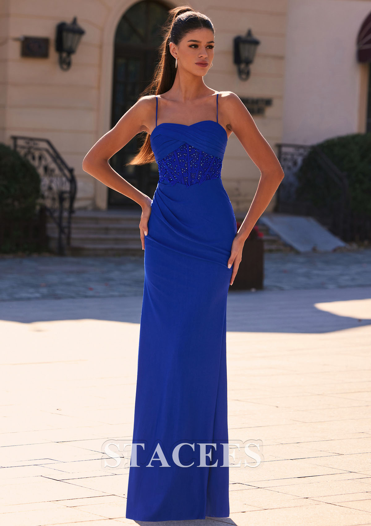 Royal Blue Slim Square Neckline Jersey Applique Pleated Prom Dress - STACEES