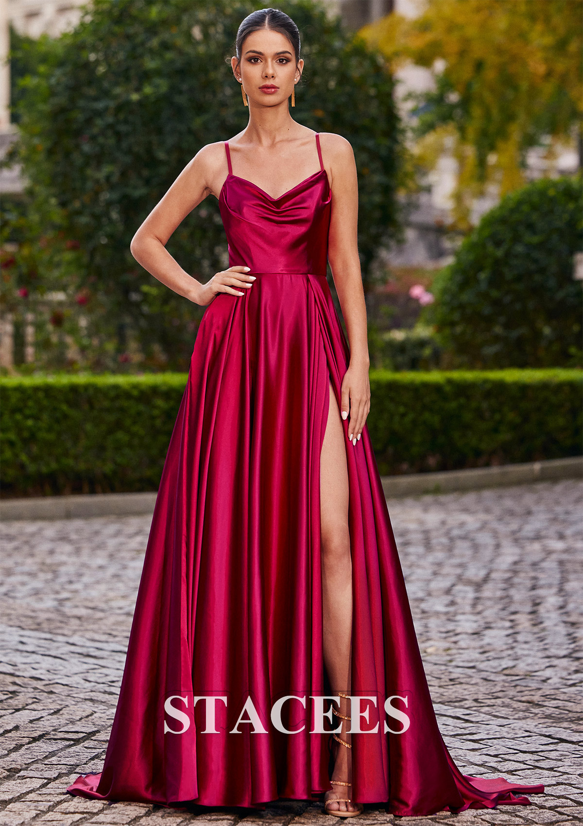 Burgundy A-line Cowl Neck Sweep Train Charmeuse Prom Dress with Pleated Pockets Split - STACEES