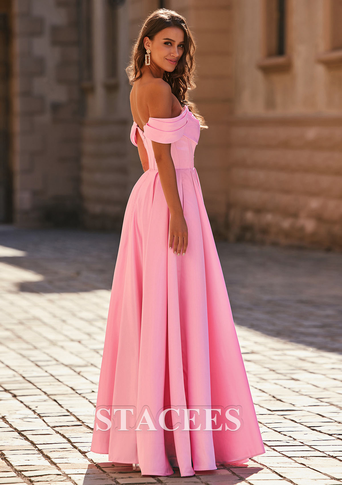 Rose Bonbon Trapèze épaule dénudée satin ras du sol robe de bal  - STACEES