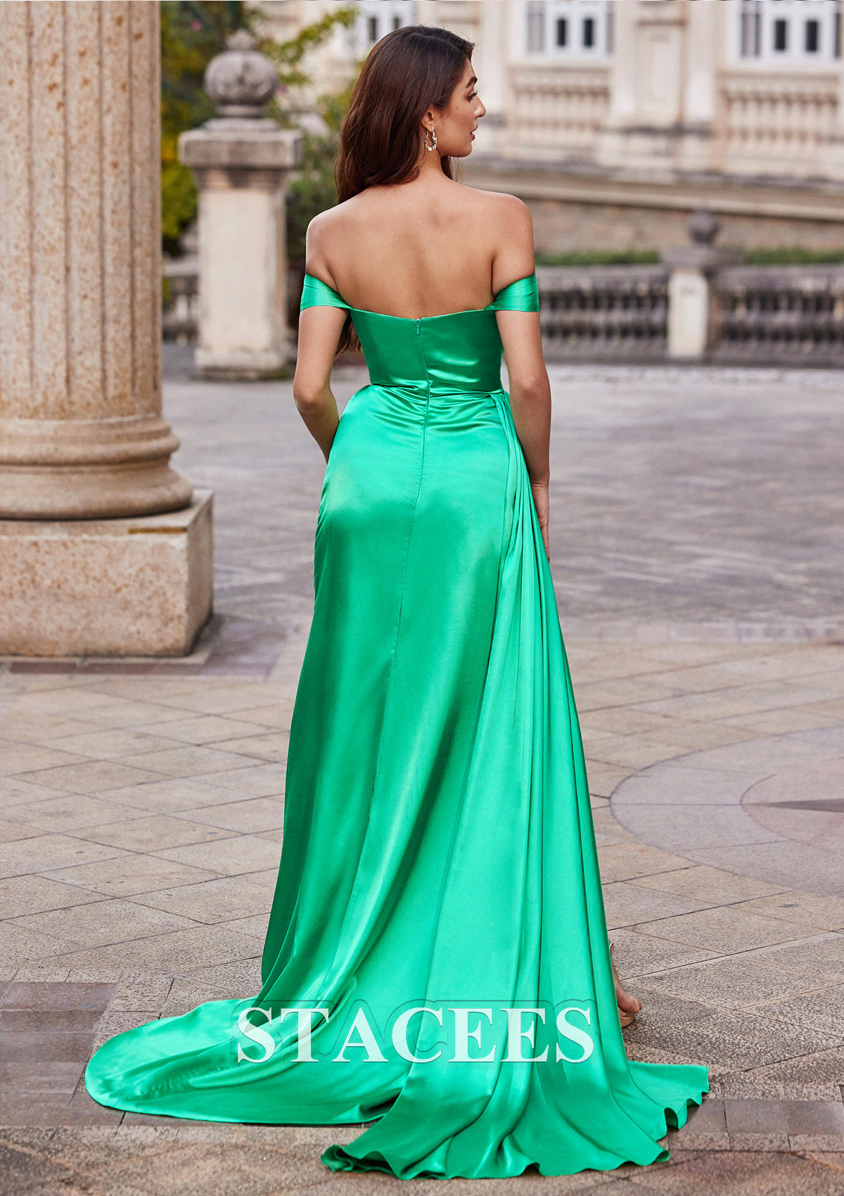 Hunter Green A-line Off-the-Shoulder Sweep Train Charmeuse Prom Dress with Pleated Side Draping Split - STACEES