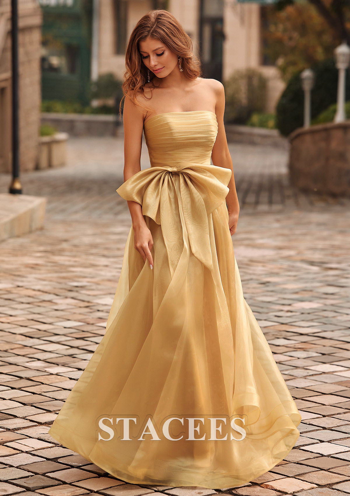 Gold Shiny A-line Organza Pleated Strapless Prom Dress with Bow Pockets - STACEES