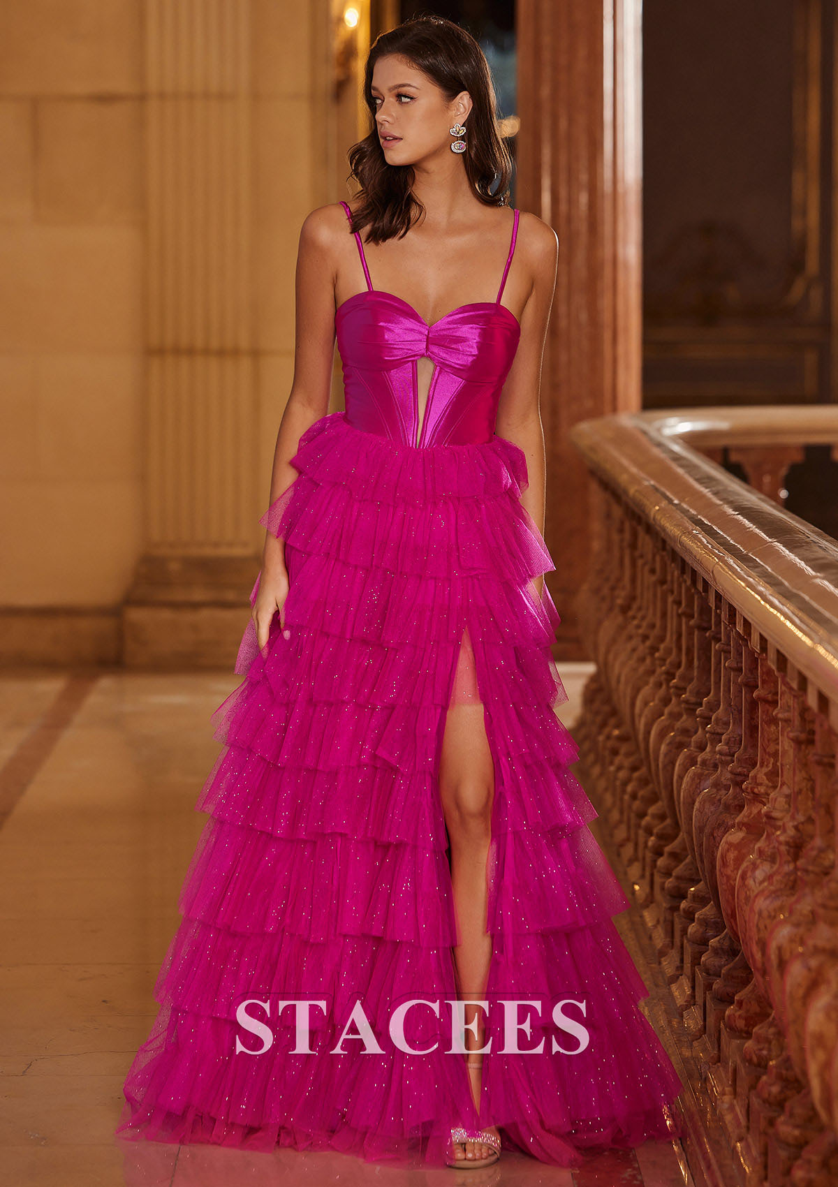 Fuchsia Trapèze princesse cache coeur tulle ras du sol robe de bal  - STACEES