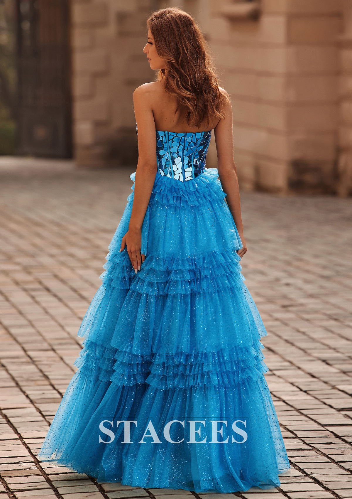 Ocean Blue A-line Princess Sweetheart Tulle Floor-Length Prom Dress with Ruffles Sequins Glitter - STACEES