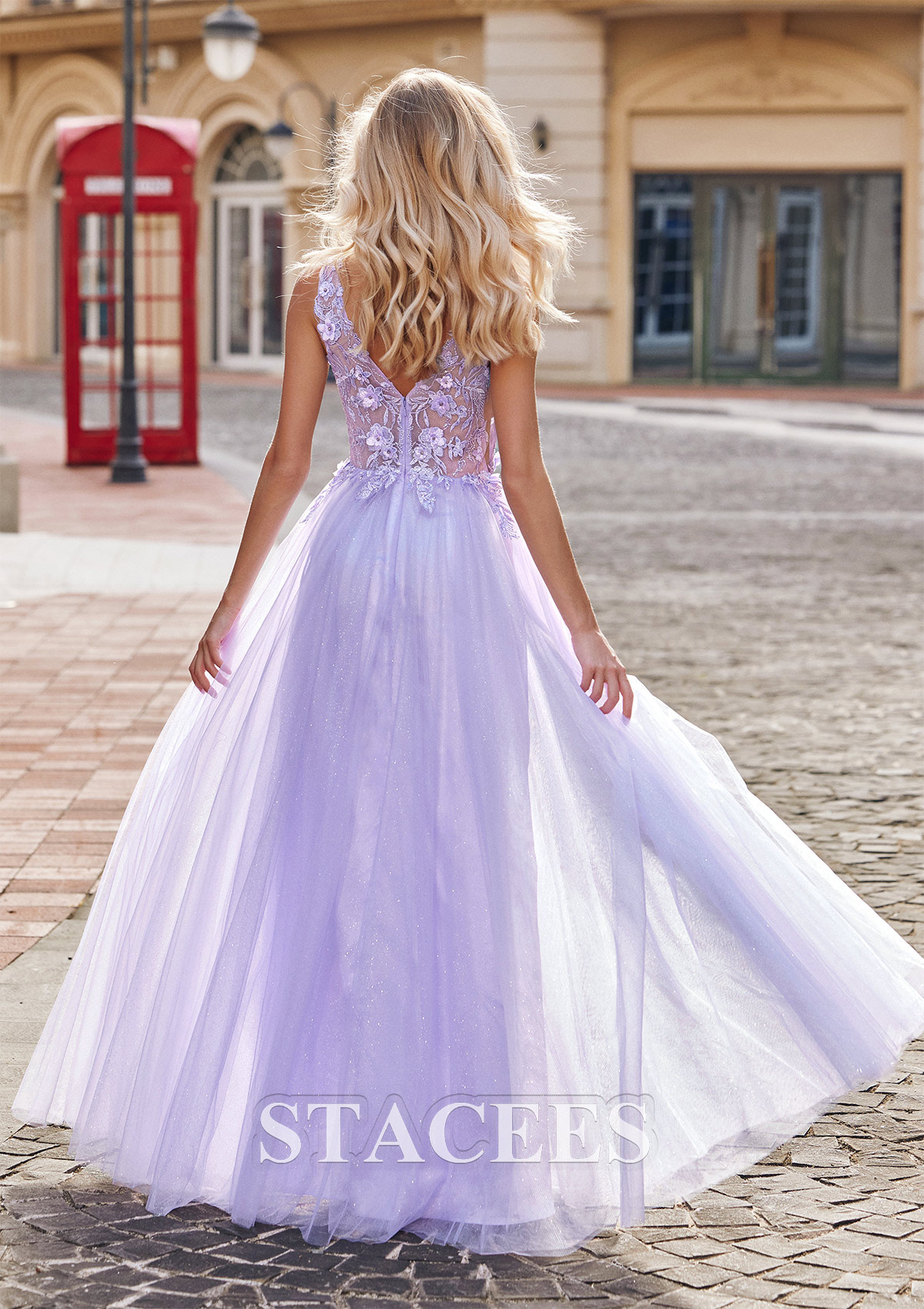 Lilac Vestido línea a princesa escote en v tul hasta el suelo vestido de graduación - STACEES
