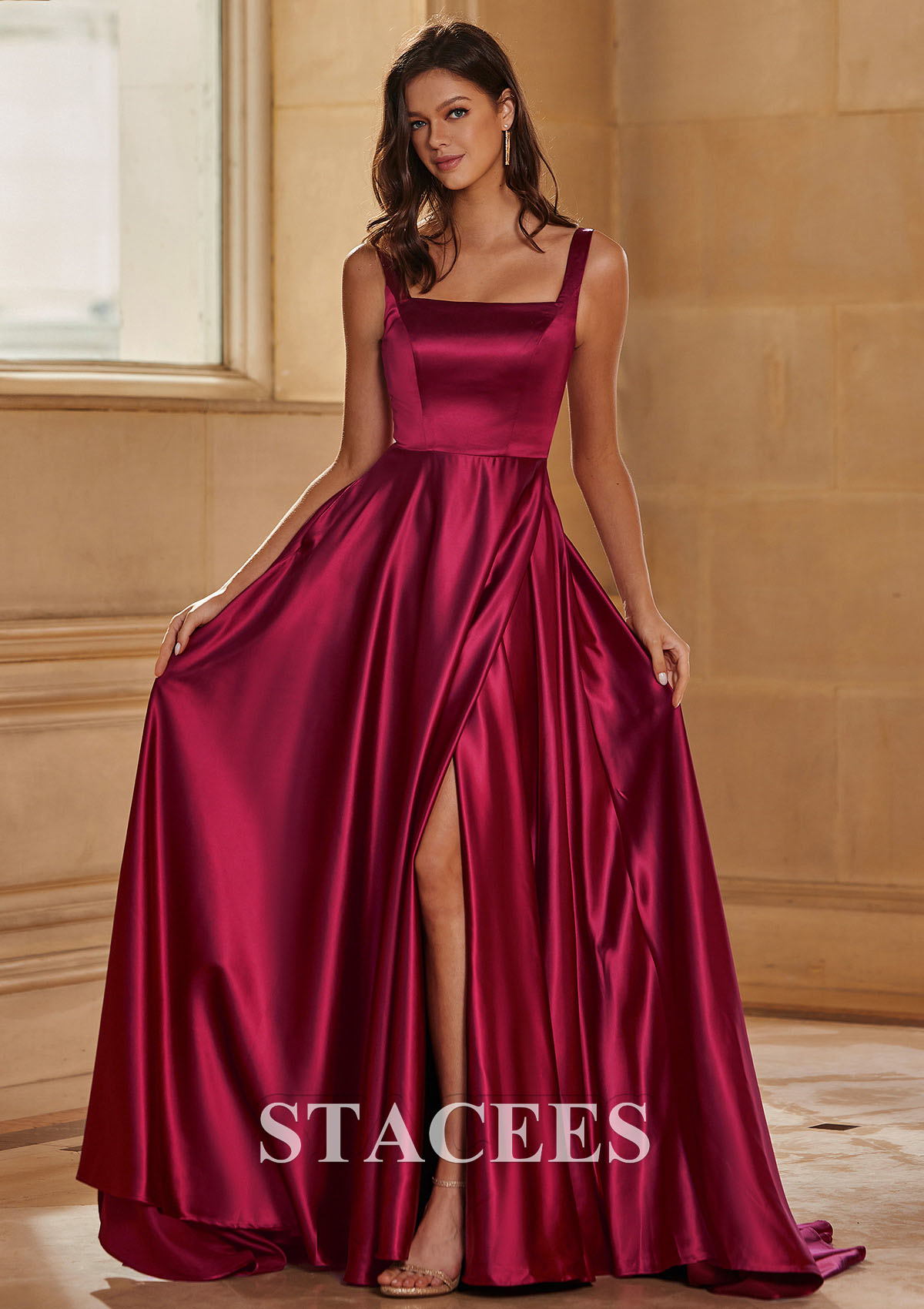 Burgundy Vestido línea a cuello cuadrado satén barrer tren vestido de graduación - STACEES