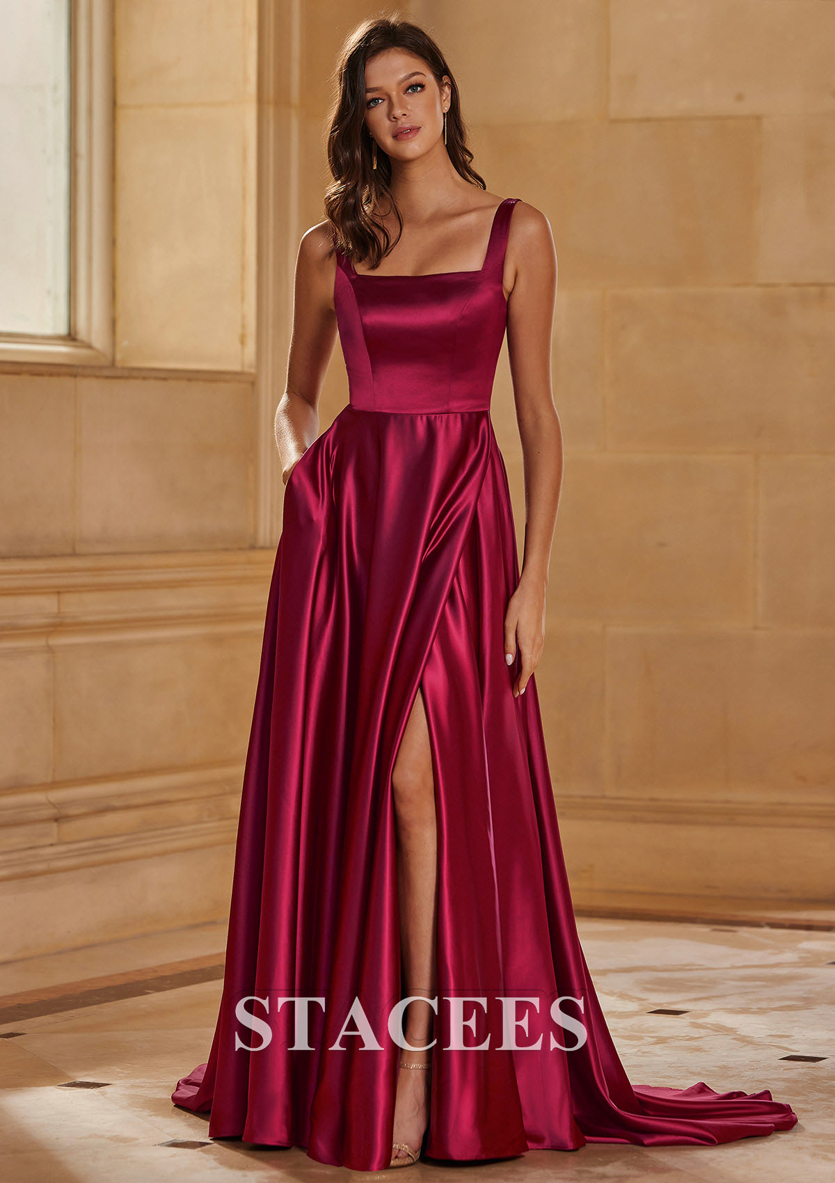 Burgundy Vestido línea a cuello cuadrado satén barrer tren vestido de graduación - STACEES