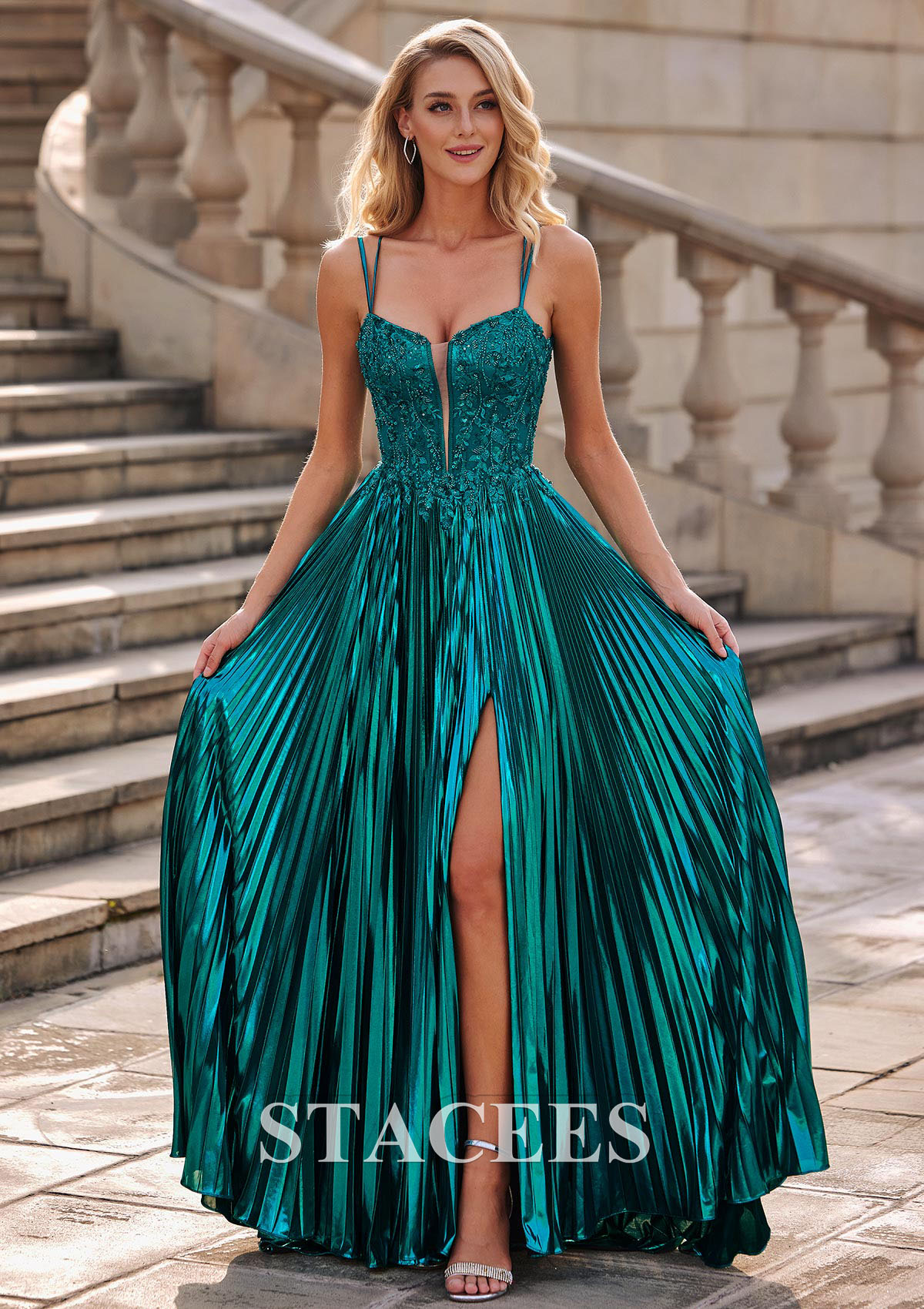 Teal Shiny A-line Ruched Metallic Slit Sweep Train Prom Dress with Plugging V-neck - STACEES
