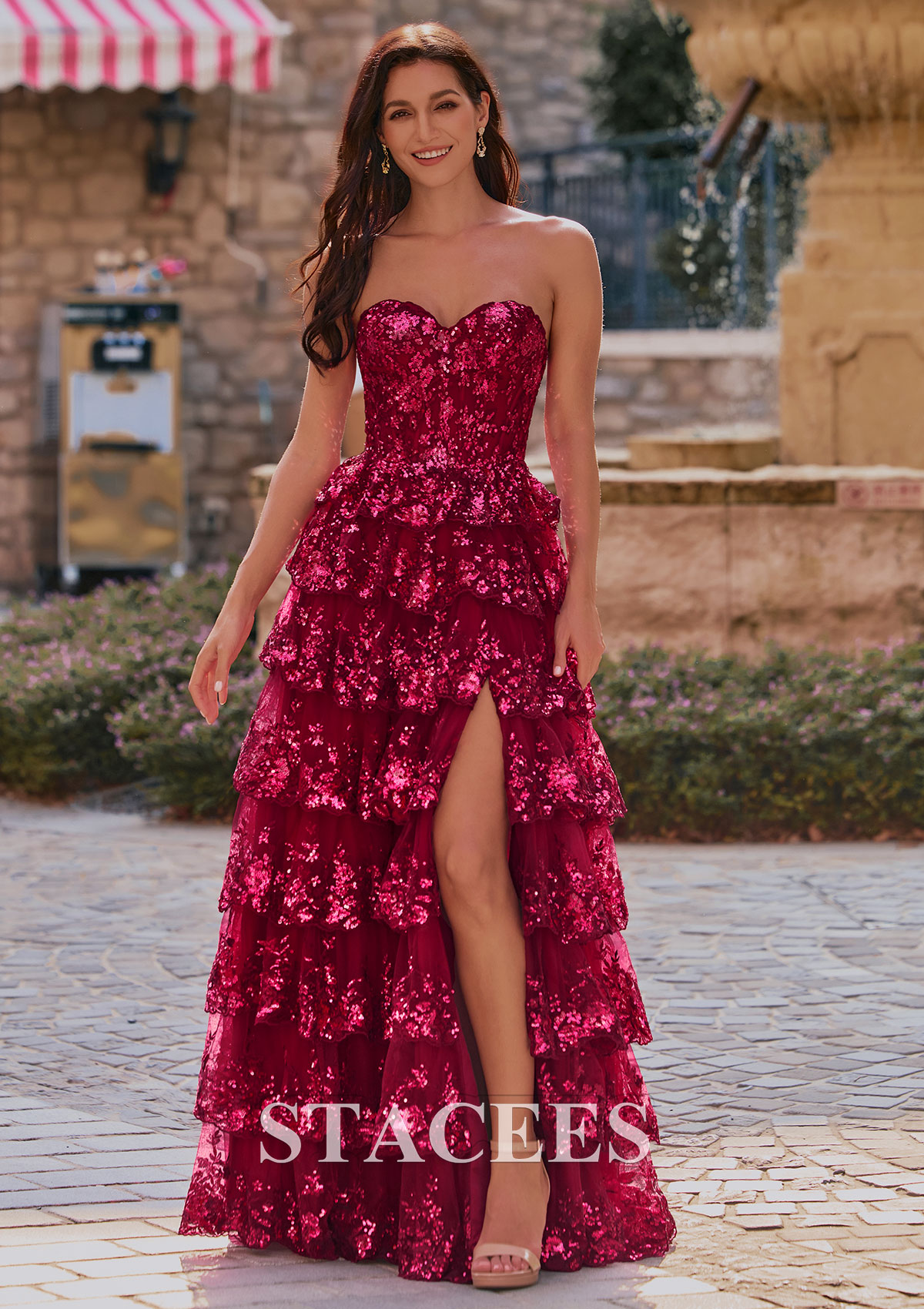 Burgundy A-line Strapless Sweetheart Sequin Tiered Ruffle Prom Dress with Slit - STACEES