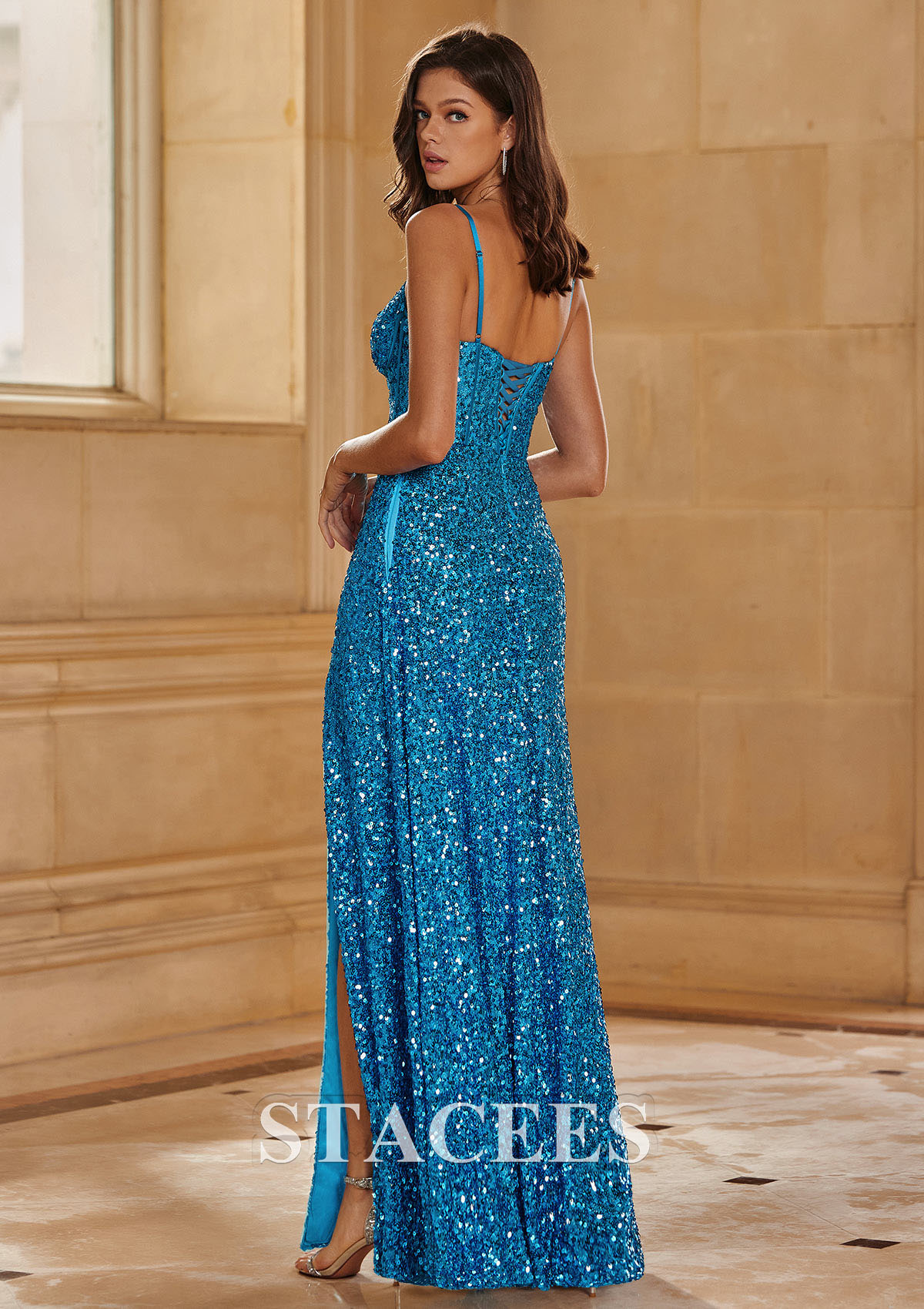 Blue A-line V Neck Sequined Floor-Length Prom Dress with Split - STACEES